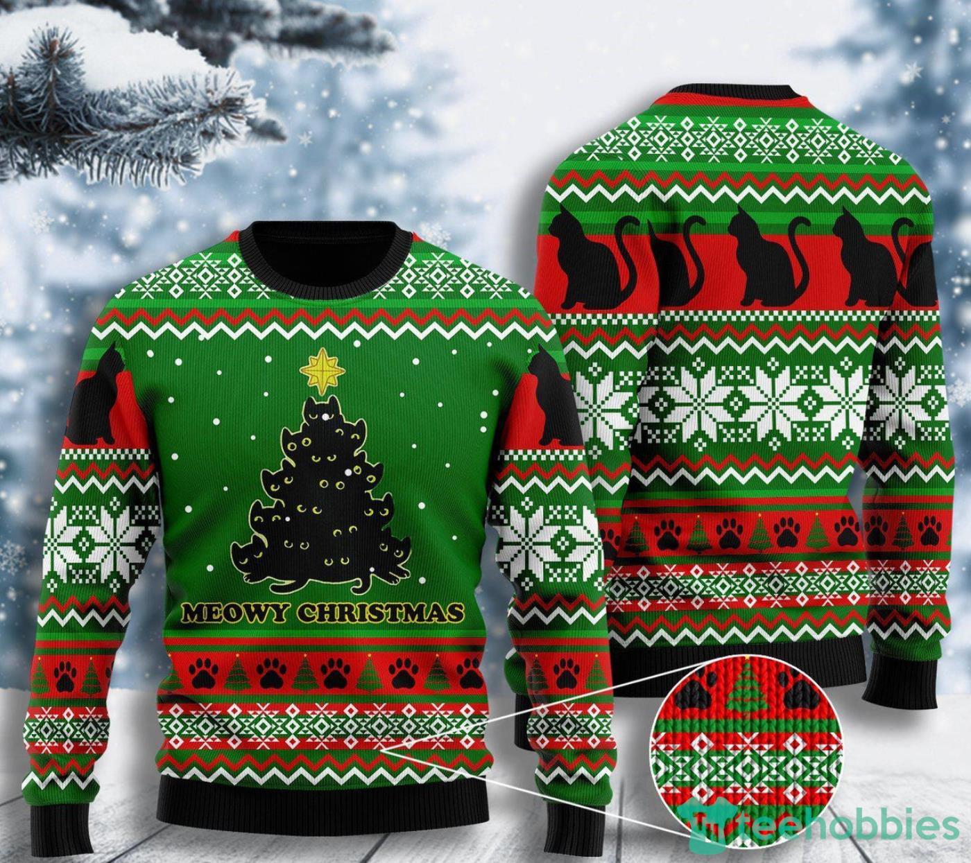 Black Cat Meowy Christmas Tree Christmas Gift Ugly Christmas Sweater Product Photo 1