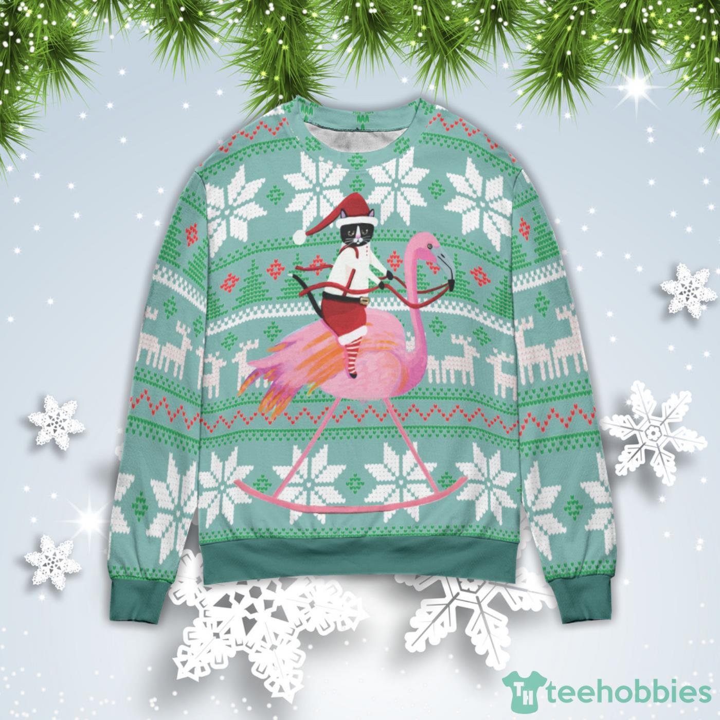 Cat And Flamingo Christmas Gift Ugly Christmas Sweater Product Photo 1