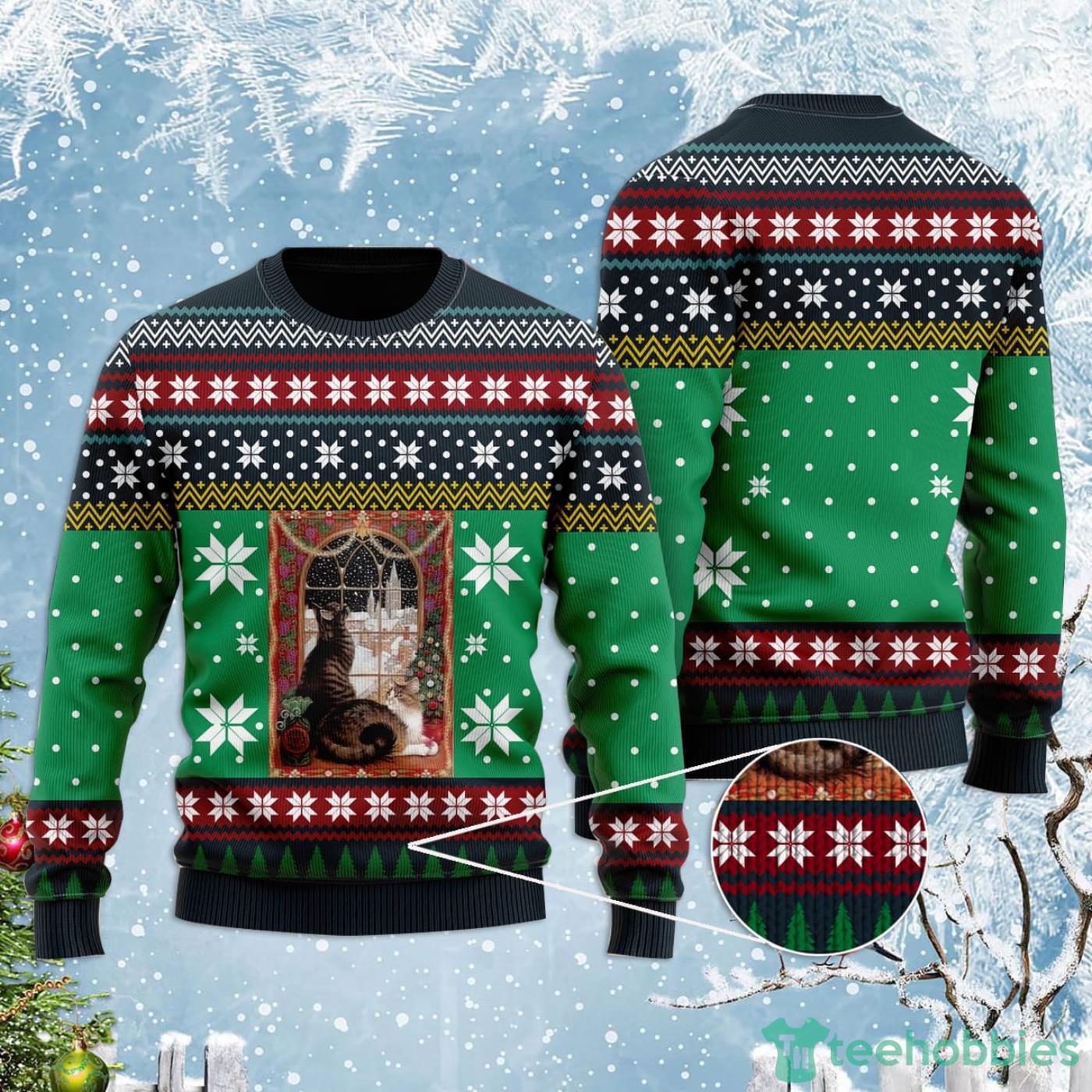 Cat Christmas Snow Window Christmas Gift Ugly Christmas Sweater Product Photo 1