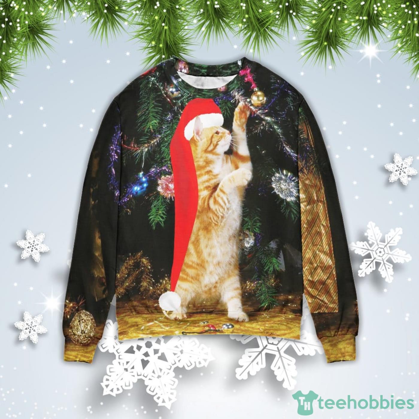 Cat Play With Christmas Tree Christmas Gift Ugly Christmas Sweater Product Photo 1
