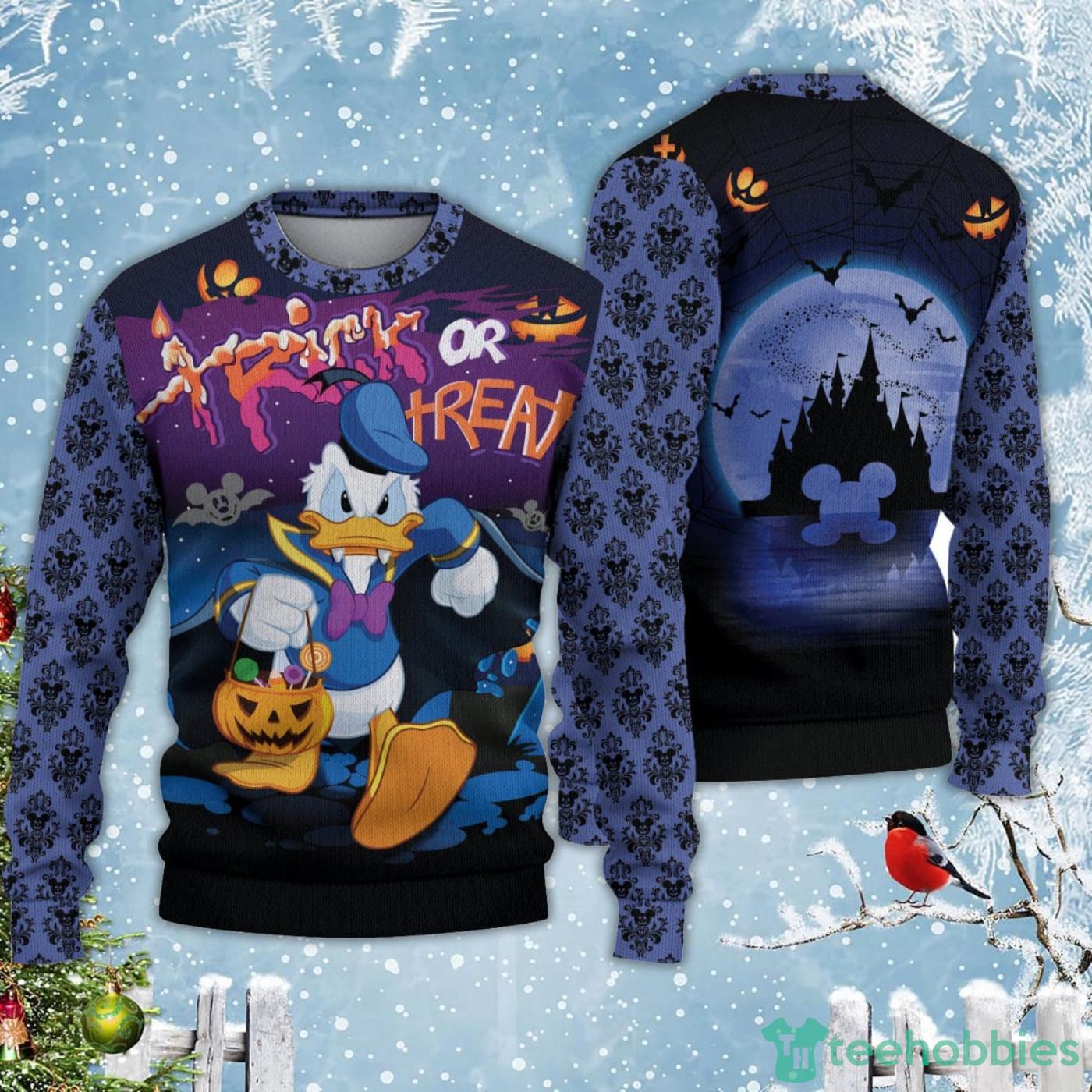 Donald Duck Trick Or Treat Halloween Black Blue Ugly Christmas Sweater Product Photo 1
