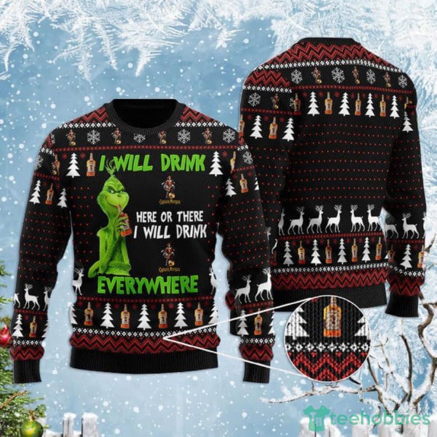 Grinch I Will Drink Captain Morgan Everywhere Christmas Gift Christmas Ugly Sweater Product Photo 1