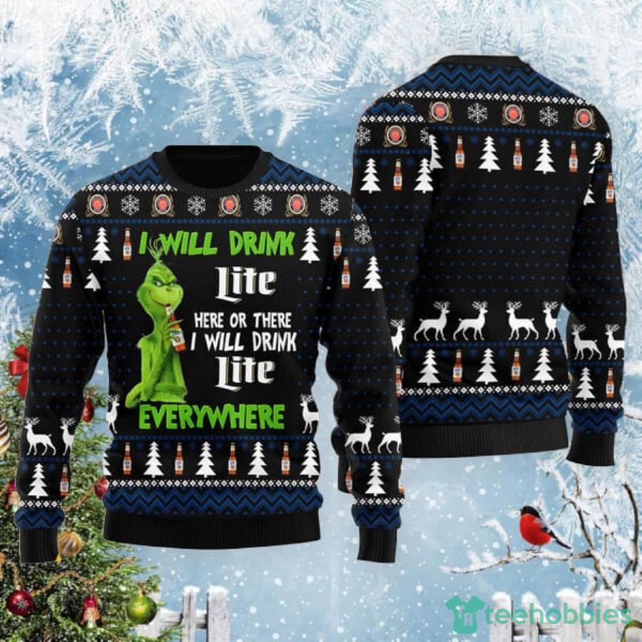 Grinch I Will Drink Miller Lite Everywhere Christmas Gift Christmas Ugly Sweater Product Photo 1