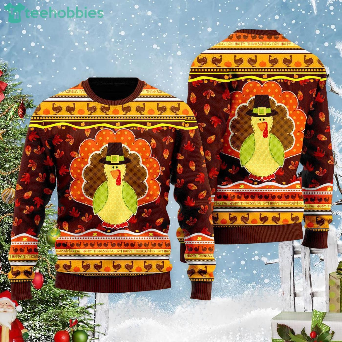 Inktastic Ugly Thanksgiving Sweater Design with Turkey and Football T-Shirt  