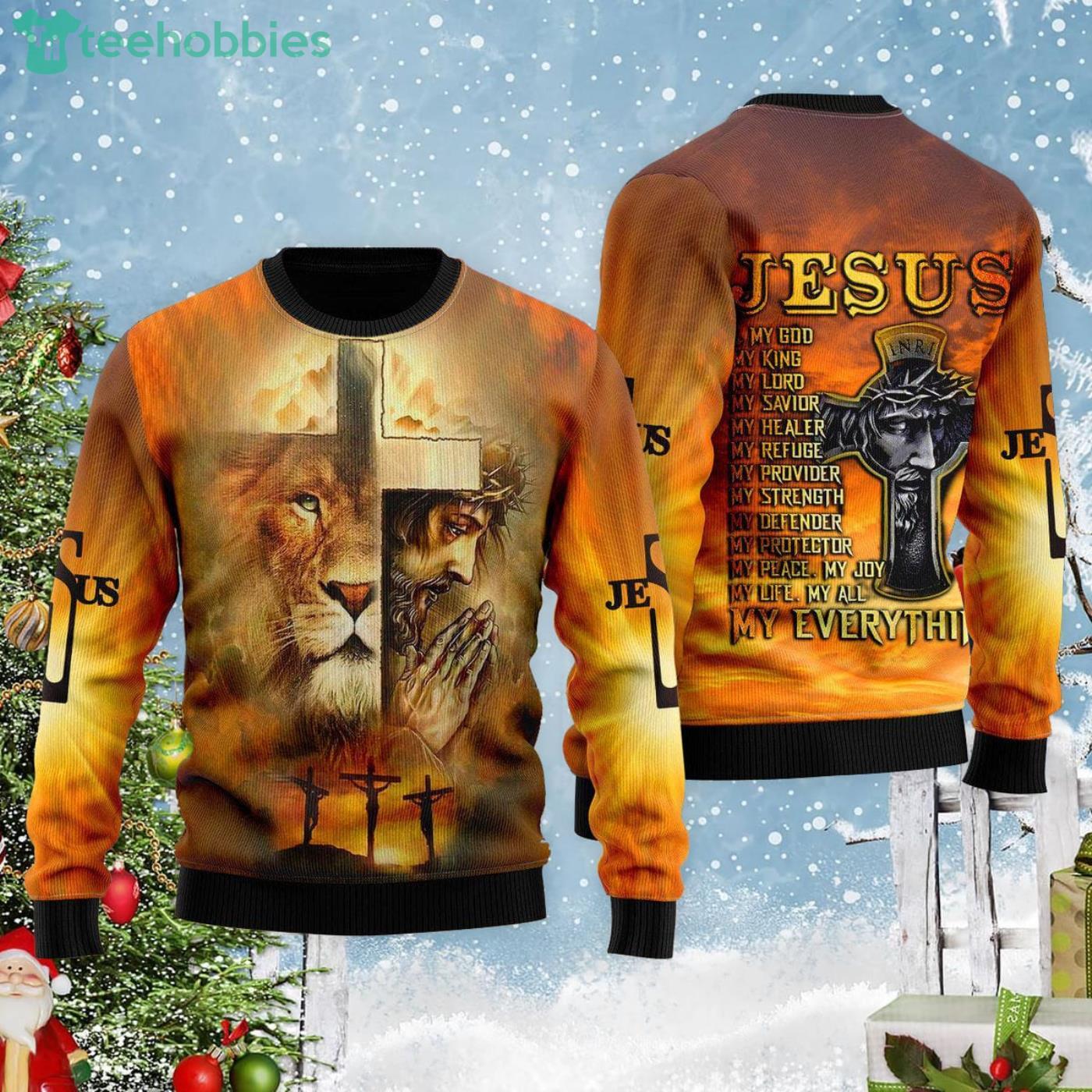 Jeus Is My God Cross And Jesus Ugly Christmas Sweater image Jeus Is My God Cross And Jesus Ugly Christmas Sweater Product Photo 2