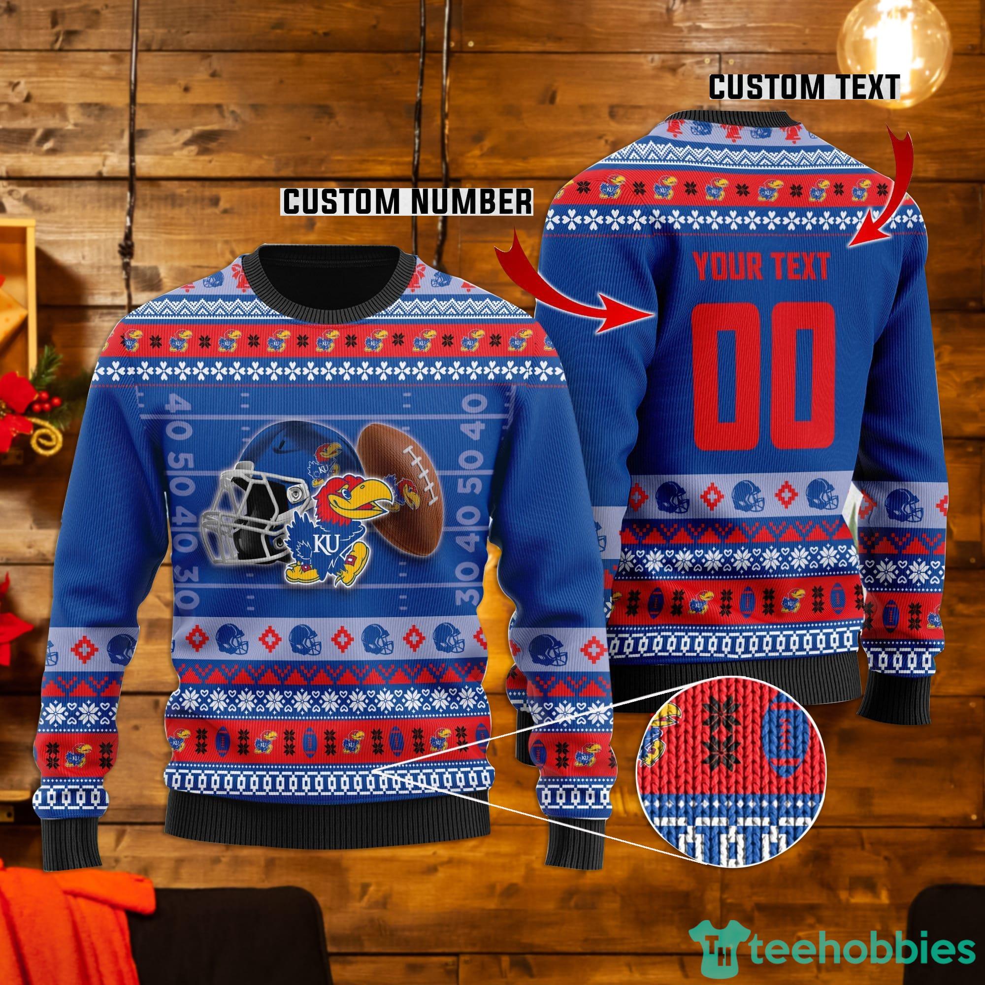 Kansas Jayhawks Custom Name & Number Ugly Christmas Sweater Product Photo 1