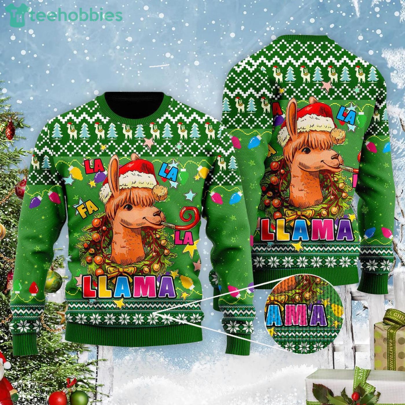 Llama In Santa Hat With Christmas Gift Ugly Christmas Sweater Product Photo 1