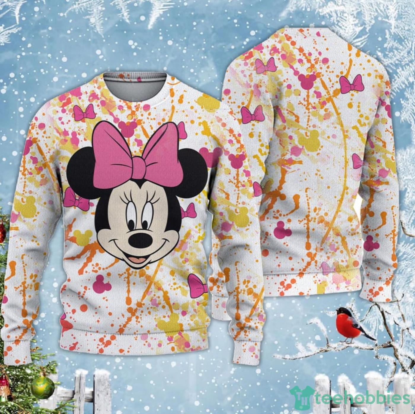 Minnie Mouse Pink Yellow Paint Splatter Disney Carrtoon Lover Ugly Christmas Sweater Product Photo 1