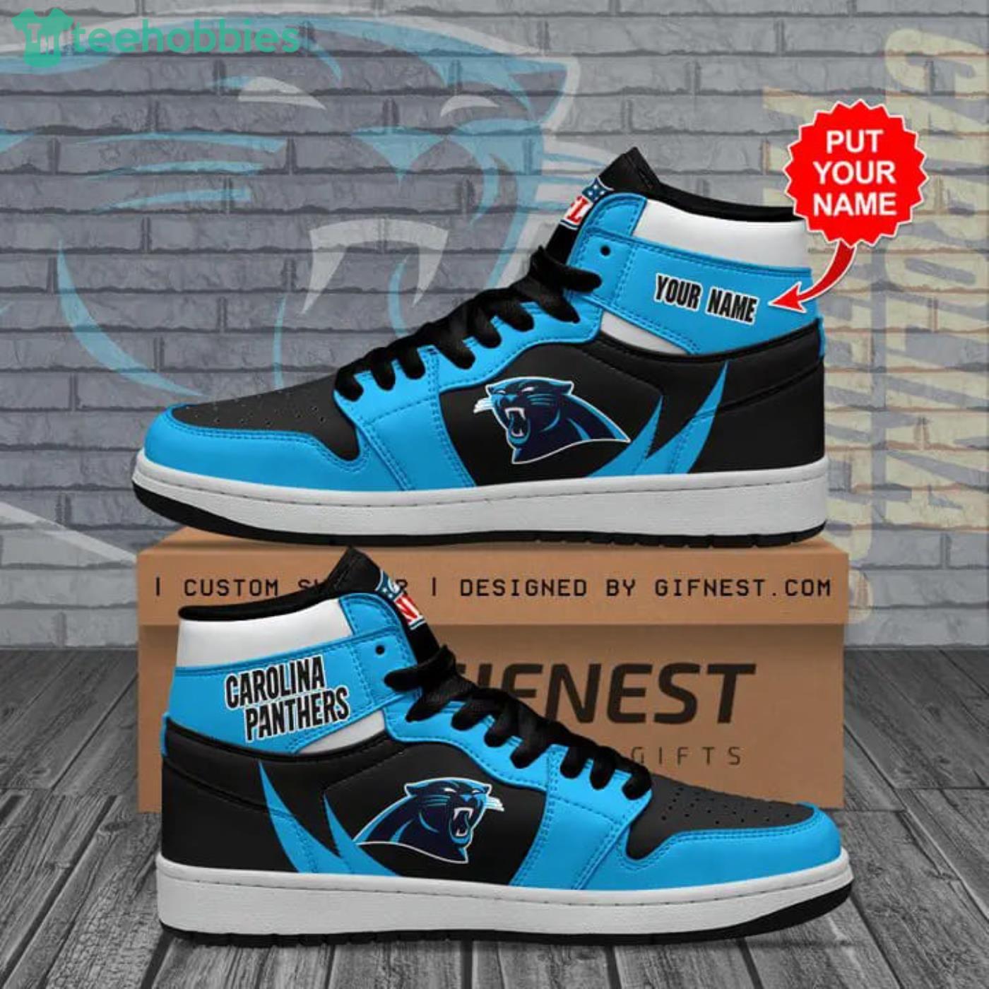 NFL Carolina Panthers Custom Name Blue Black Air Jordan Hightop Shoes Gift  For Fans