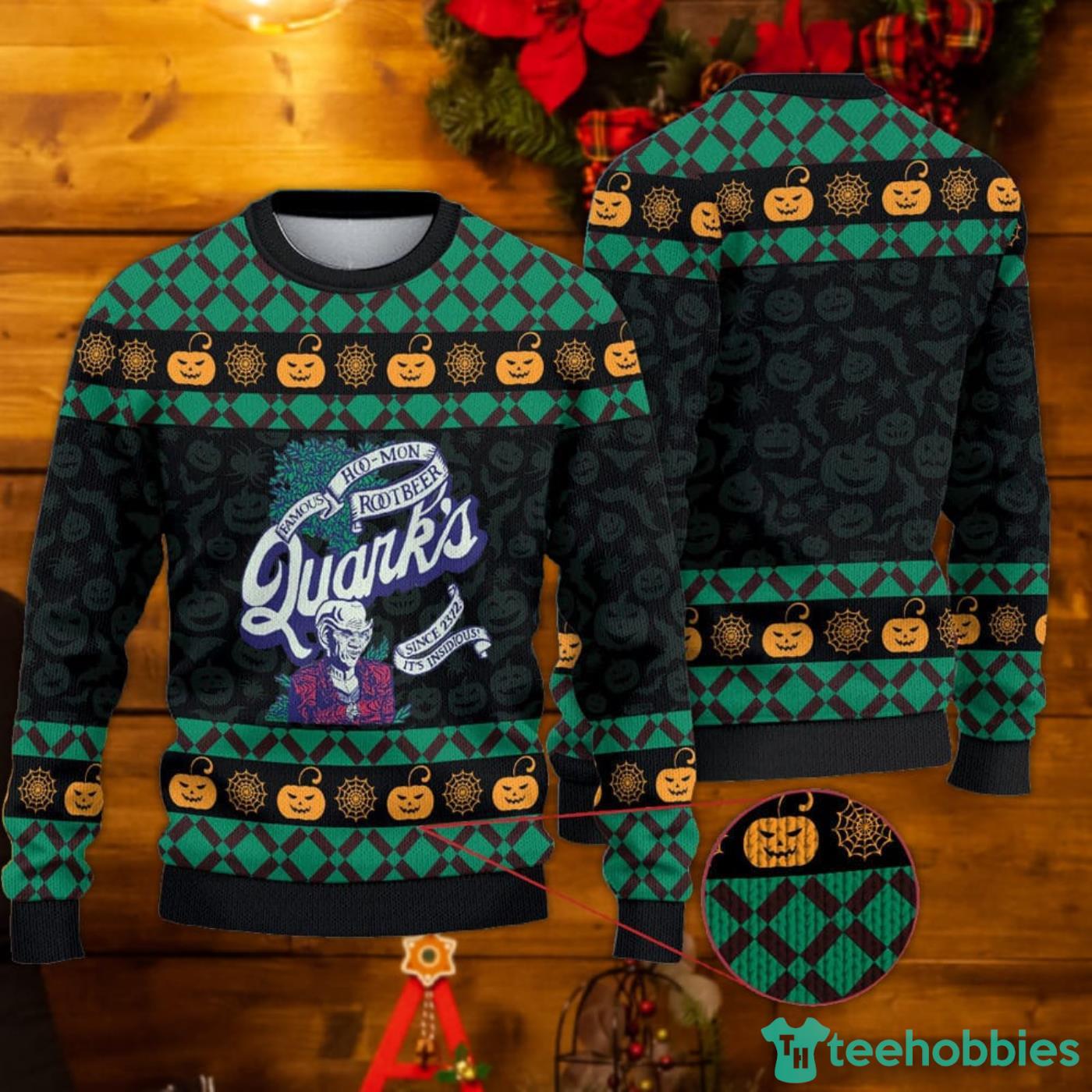 Quarks Famous Hoo-mon Root Beer - Its Insidious! Ugly Halloween Sweater Product Photo 1