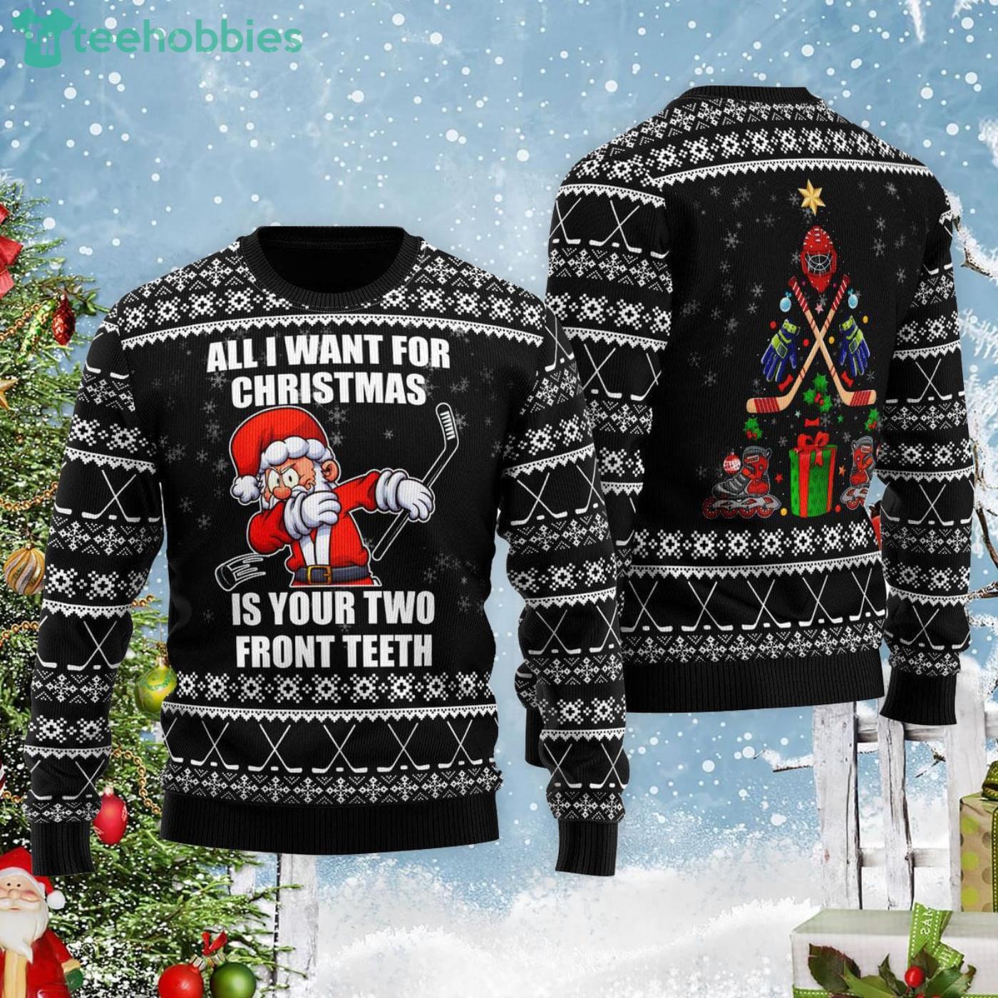 Ugly Christmas Party Unisex Ugly Christmas Sweater Hockey Santa-3XL