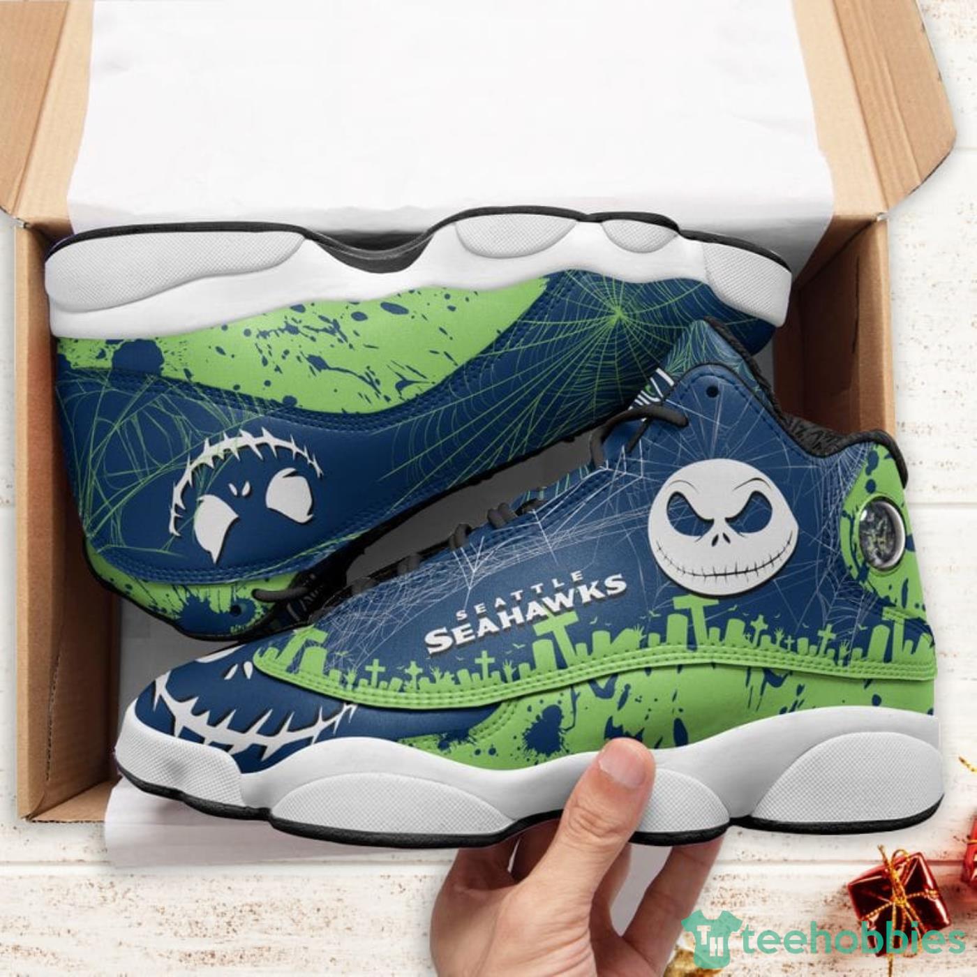 Seattle Seahawks Jack Skellington Halloween Air Jordan 13 Shoes For Fans Product Photo 5 Seattle Seahawks Jack Skellington Halloween Air Jordan 13 Shoes For Fans Product Photo 5
