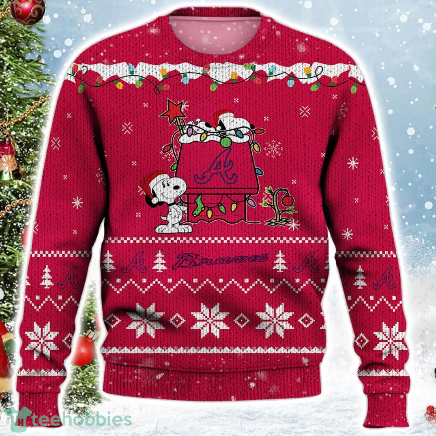 Atlanta Braves Snoopy Christmas Light Woodstock Snoopy Ugly Christmas Sweater Product Photo 2