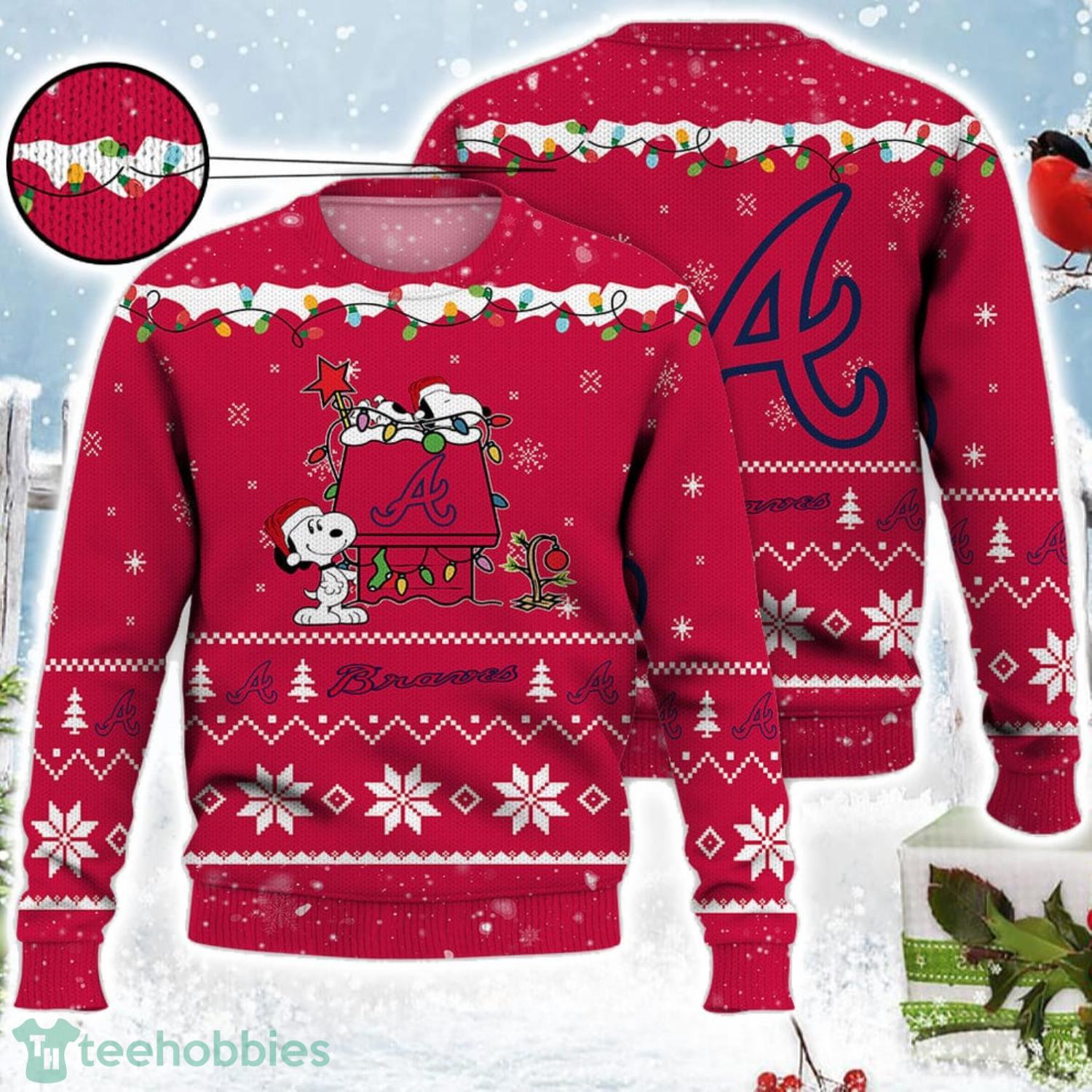 Atlanta Braves Snoopy Christmas Light Woodstock Snoopy Ugly Christmas Sweater Product Photo 1