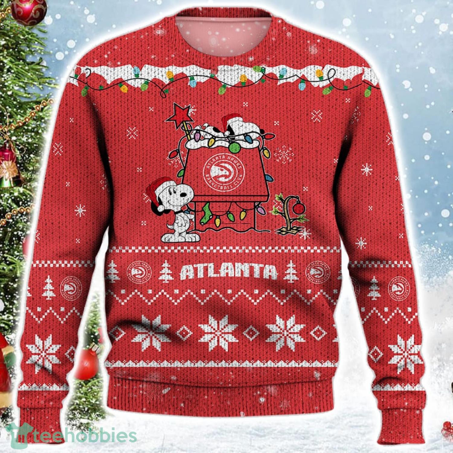 Atlanta Hawks Snoopy Christmas Light Woodstock Snoopy Ugly Christmas Sweater Product Photo 2