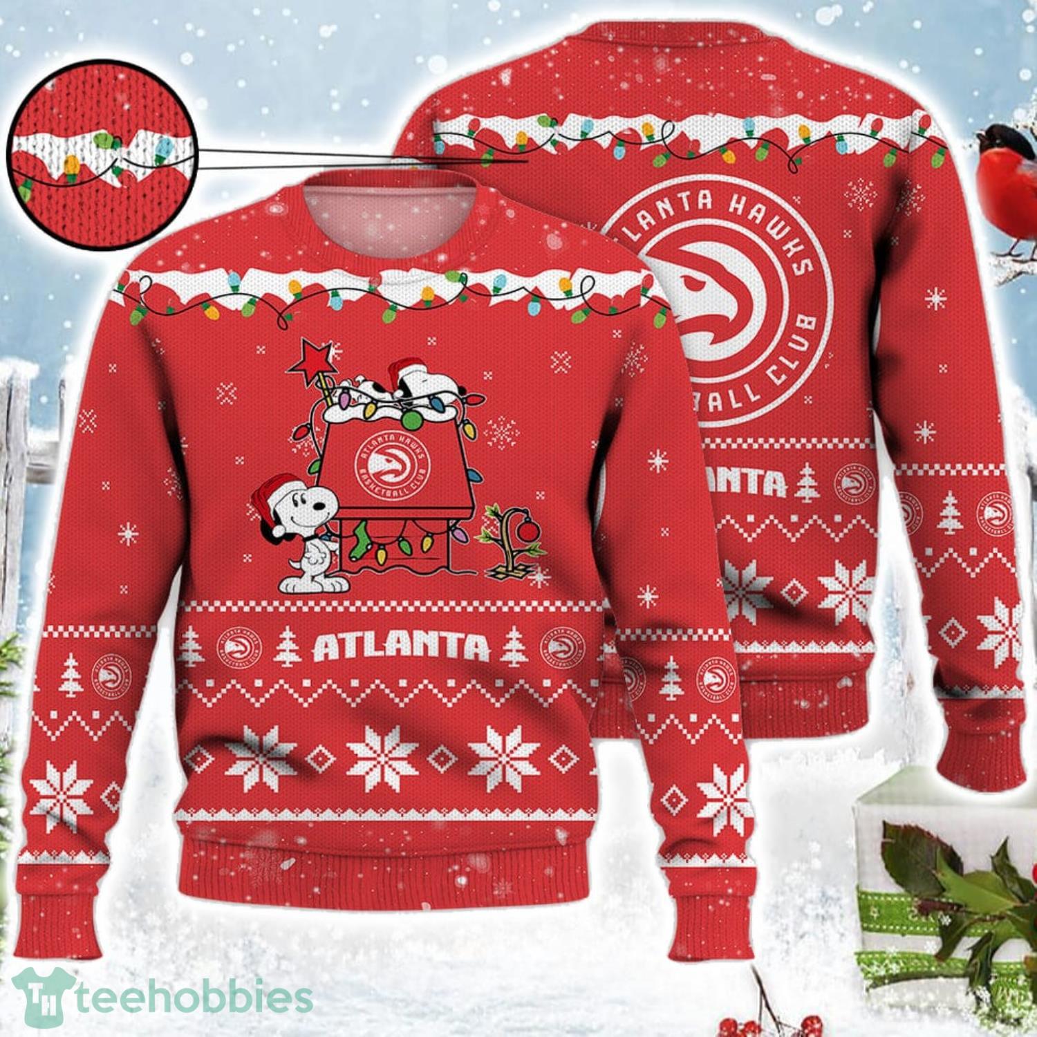 Atlanta Hawks Snoopy Christmas Light Woodstock Snoopy Ugly Christmas Sweater Product Photo 1