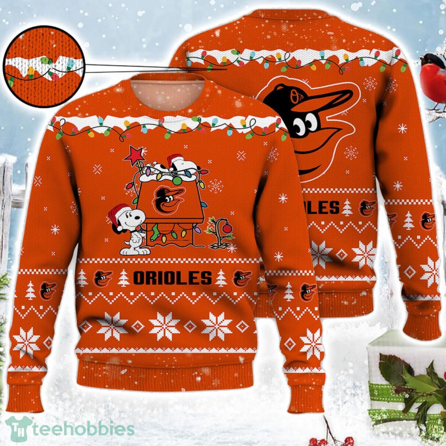 Baltimore Orioles Snoopy Christmas Light Woodstock Snoopy Ugly Christmas Sweater Product Photo 1