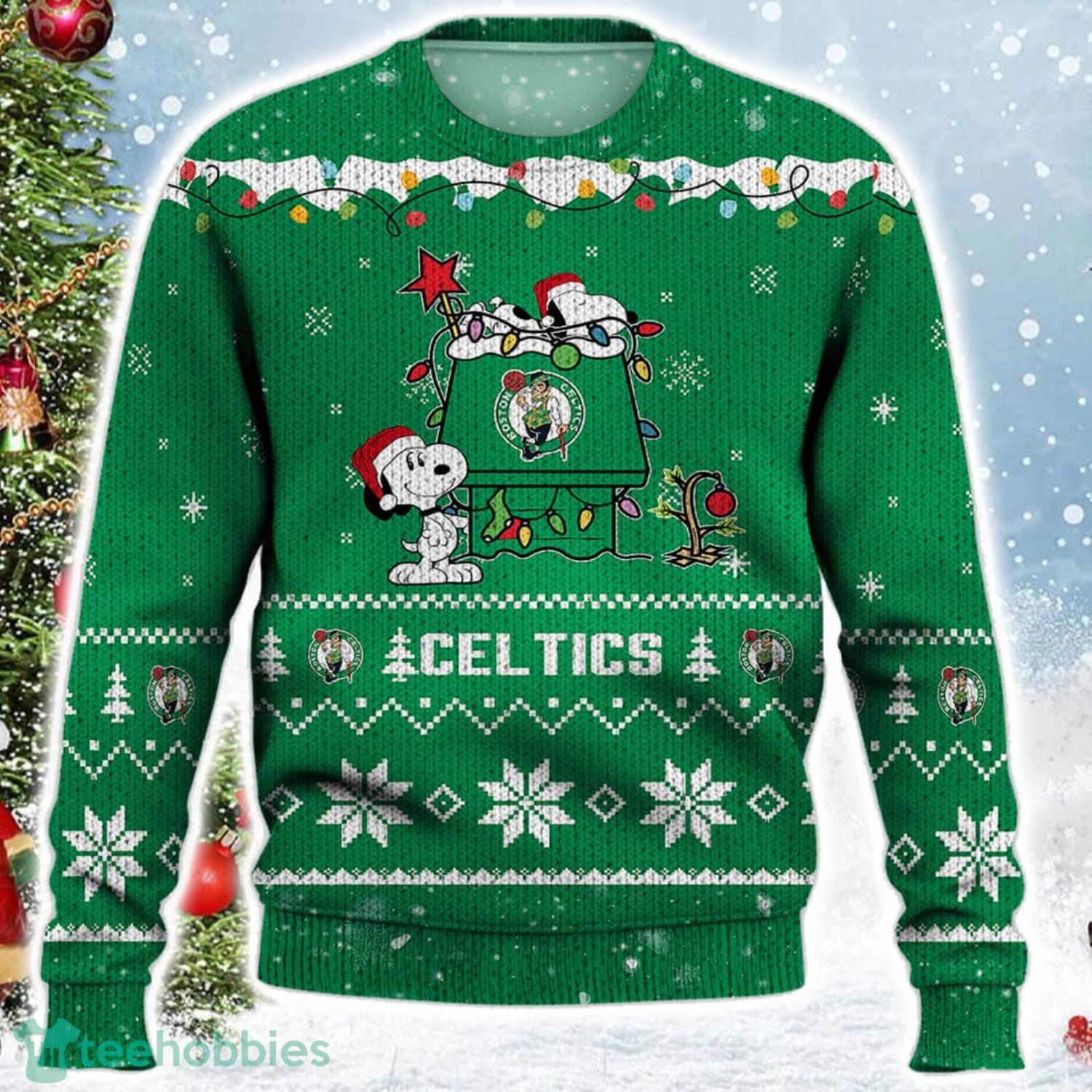 Boston Celtics Snoopy Christmas Light Woodstock Snoopy Ugly Christmas Sweater Product Photo 2