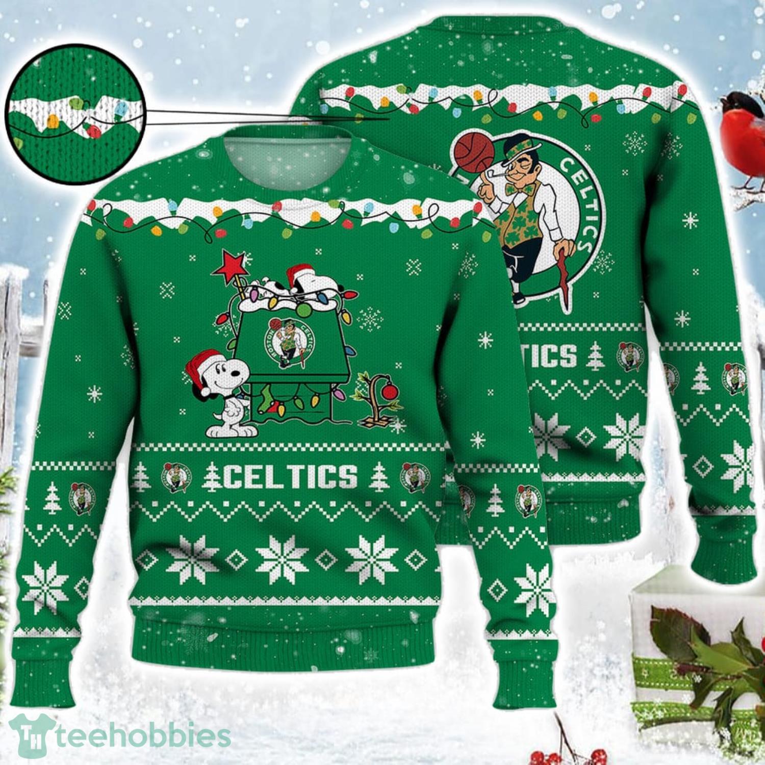 Boston Celtics Snoopy Christmas Light Woodstock Snoopy Ugly Christmas Sweater Product Photo 1