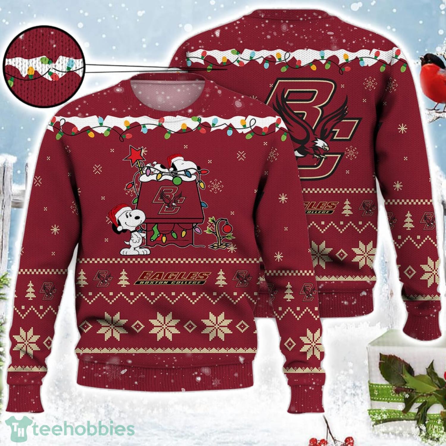 Boston College Eagles Snoopy Christmas Light Woodstock Snoopy Ugly Christmas Sweater Product Photo 1