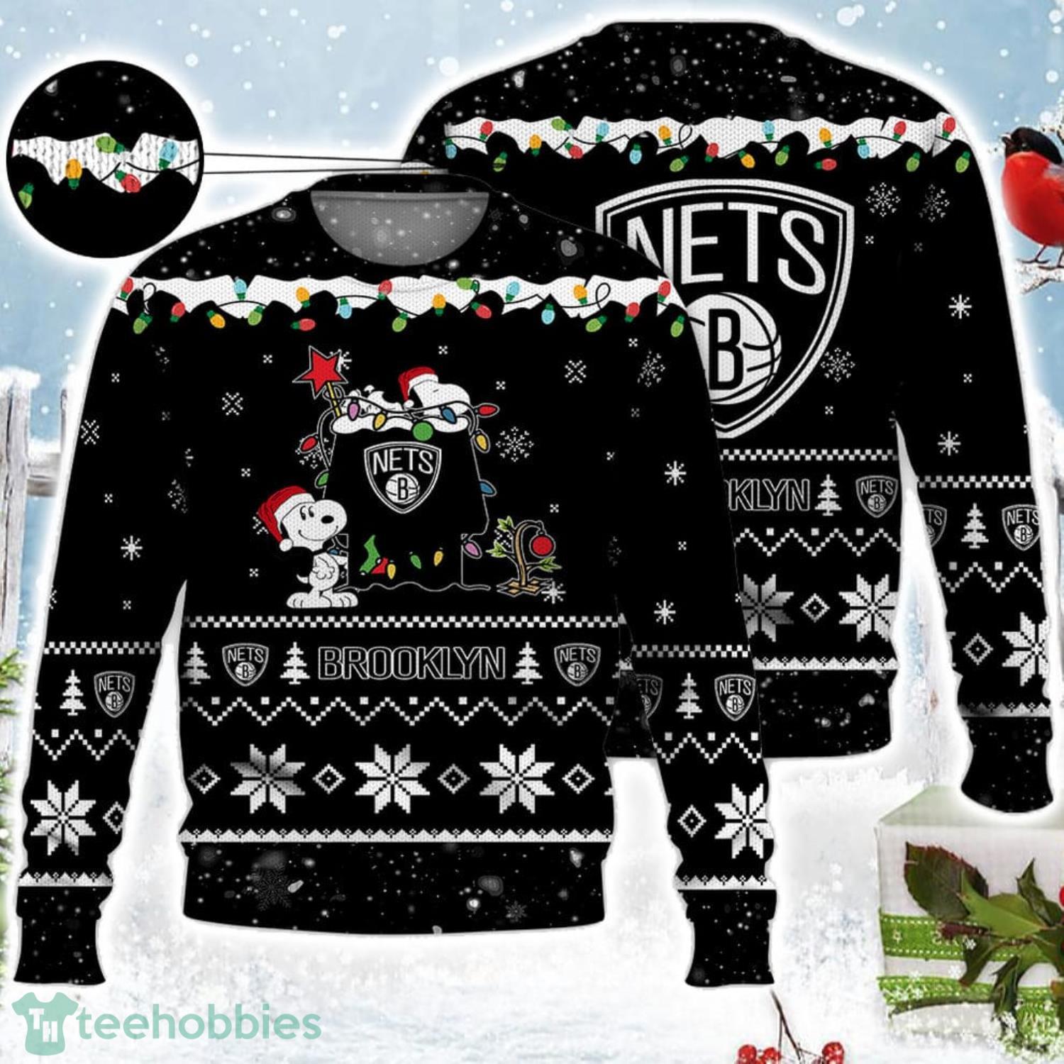 Brooklyn Nets Snoopy Christmas Light Woodstock Snoopy Ugly Christmas Sweater Product Photo 1