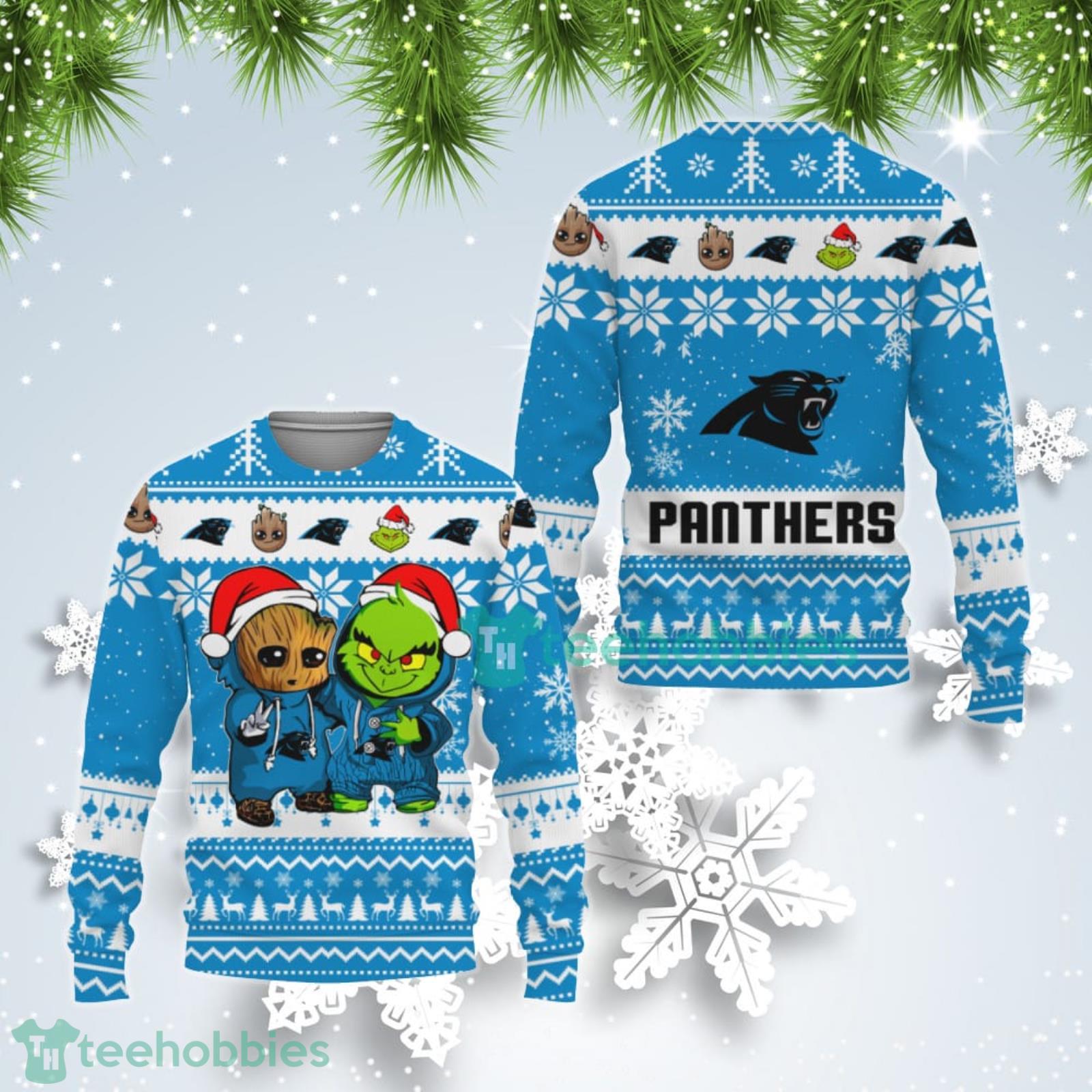 Carolina Panthers Baby Groot And Grinch Best Friends Ugly Christmas Sweater