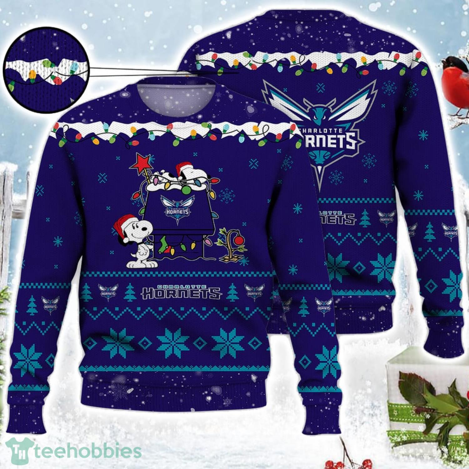 Charlotte Hornets Snoopy Christmas Light Woodstock Snoopy Ugly Christmas Sweater Product Photo 1