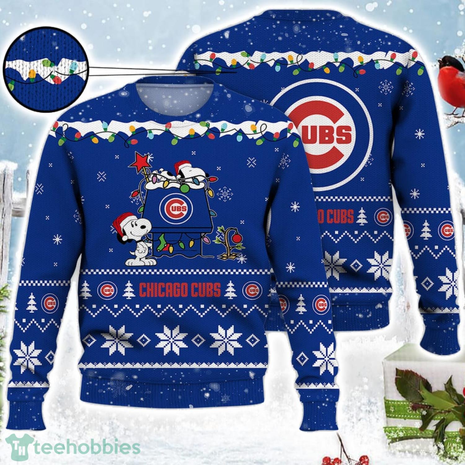 Chicago Cubs Snoopy Christmas Light Woodstock Snoopy Ugly Christmas Sweater Product Photo 1