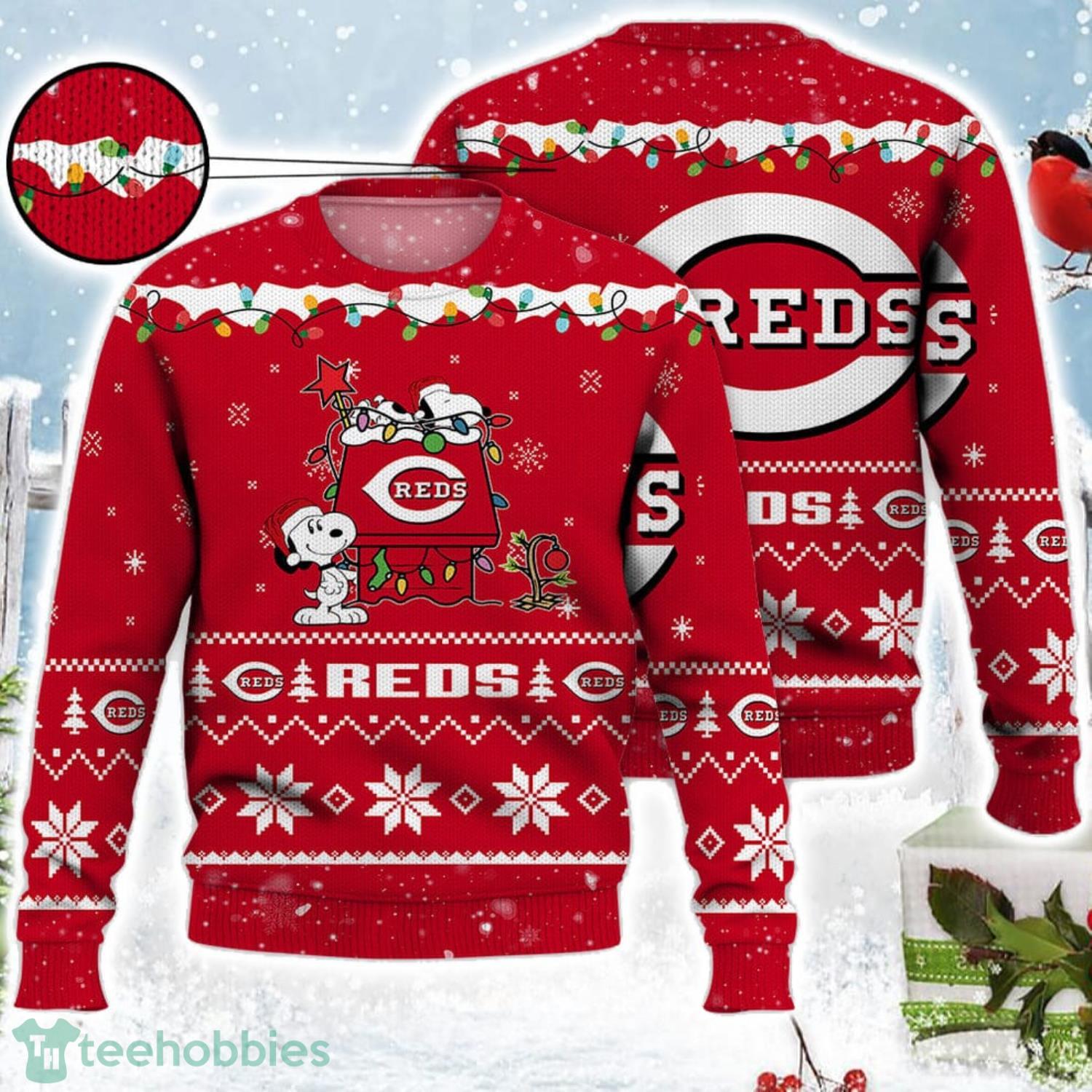 Cincinnati Reds Snoopy Christmas Light Woodstock Snoopy Ugly Christmas Sweater Product Photo 1