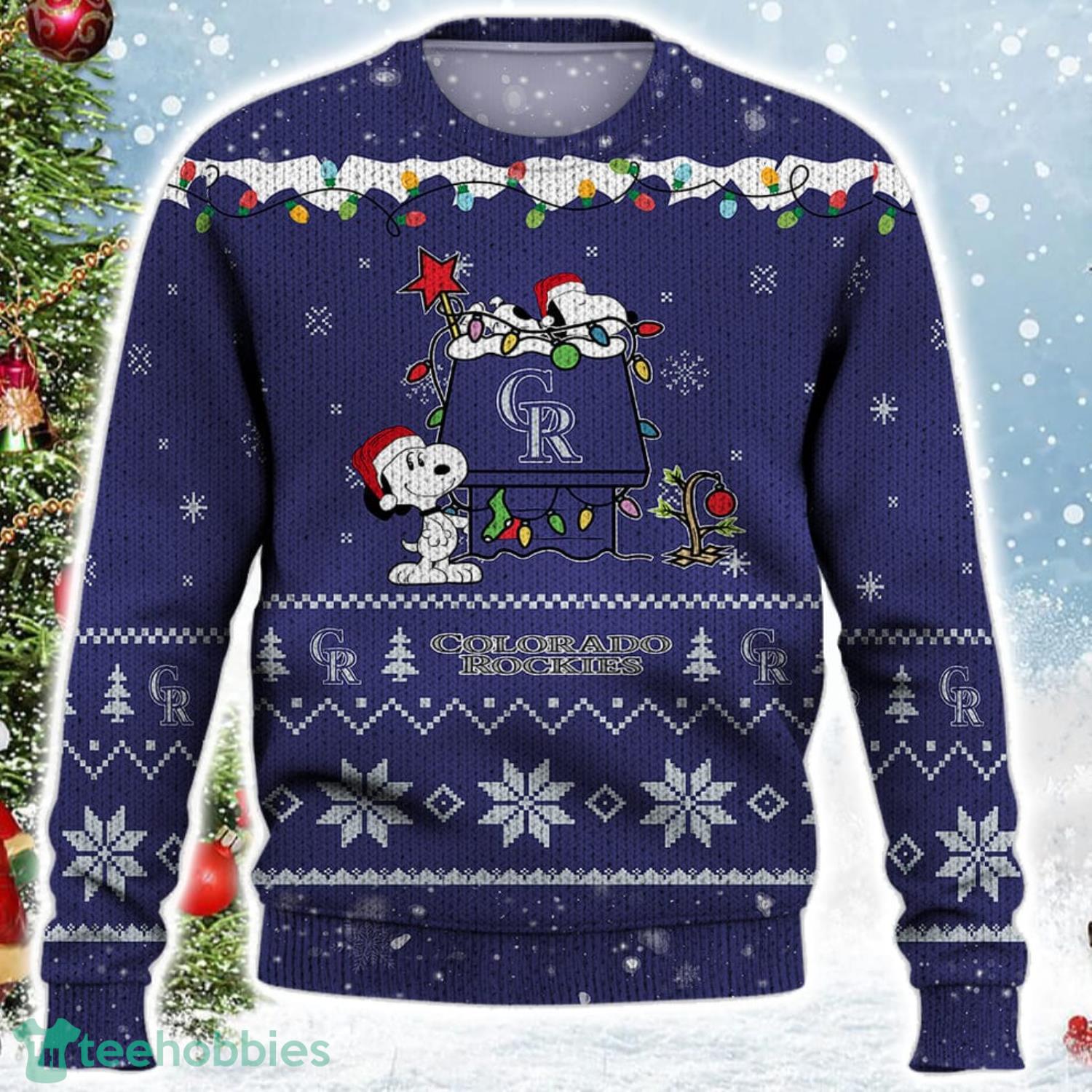 Colorado Rockies Snoopy Christmas Light Woodstock Snoopy Ugly Christmas Sweater Product Photo 2