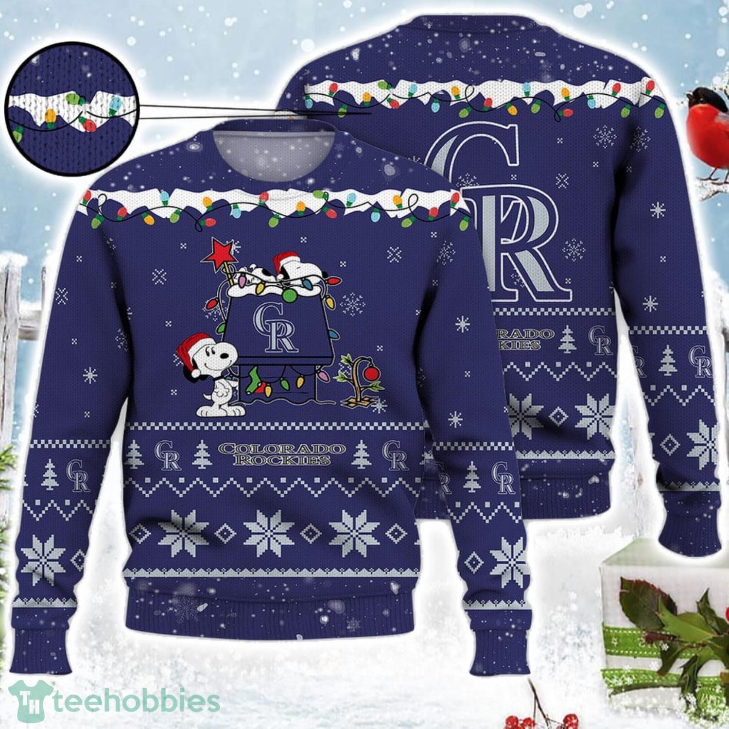 Colorado Rockies Snoopy Christmas Light Woodstock Snoopy Ugly Christmas Sweater Product Photo 1
