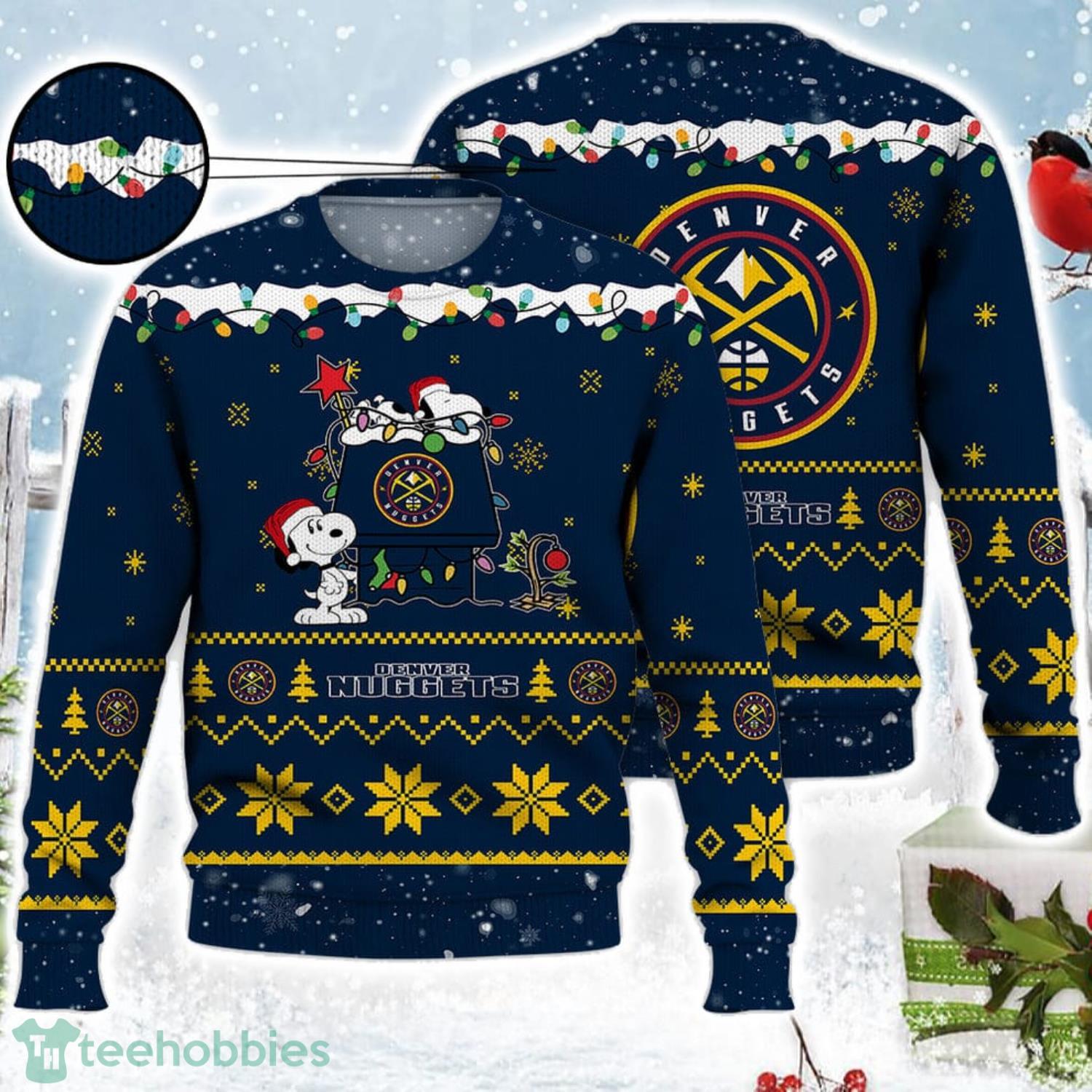 Denver Nuggets Snoopy Christmas Light Woodstock Snoopy Ugly Christmas Sweater Product Photo 1