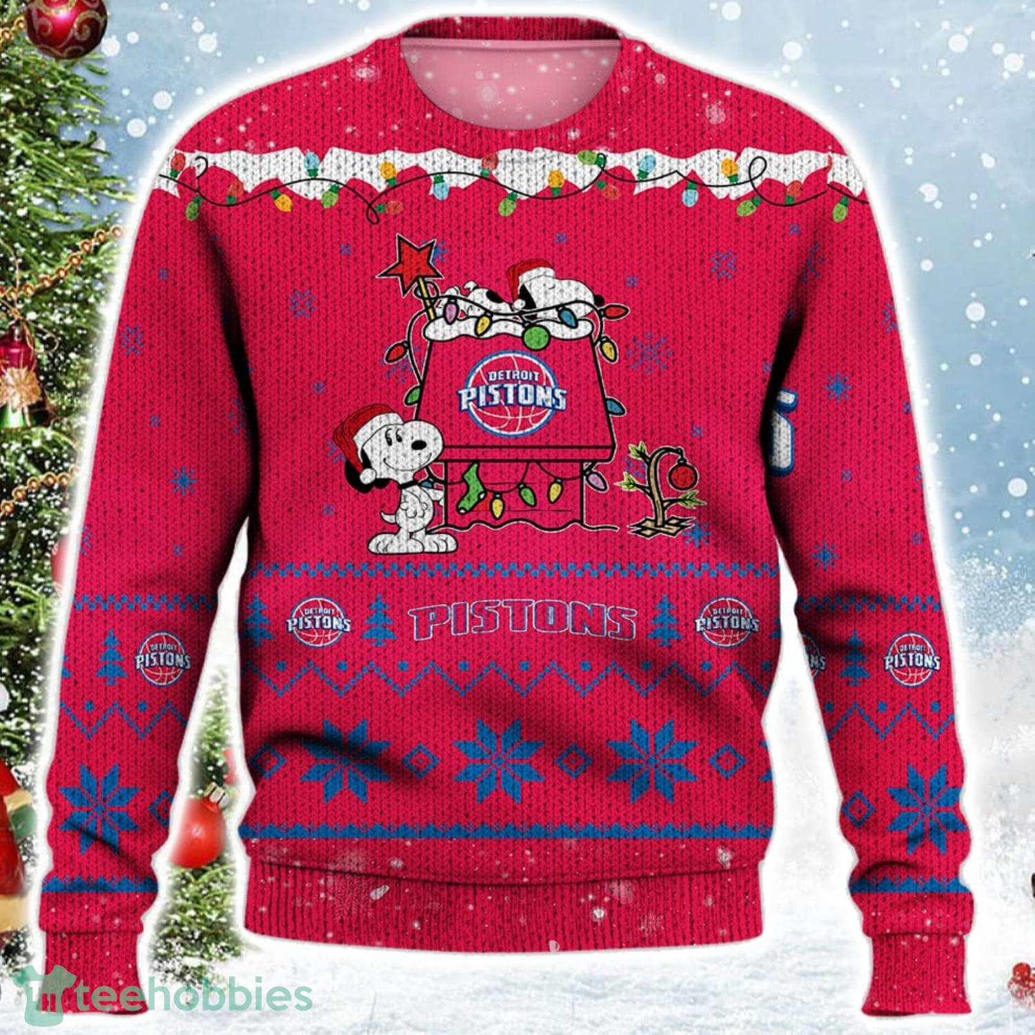 Detroit Pistons Snoopy Christmas Light Woodstock Snoopy Ugly Christmas Sweater Product Photo 2
