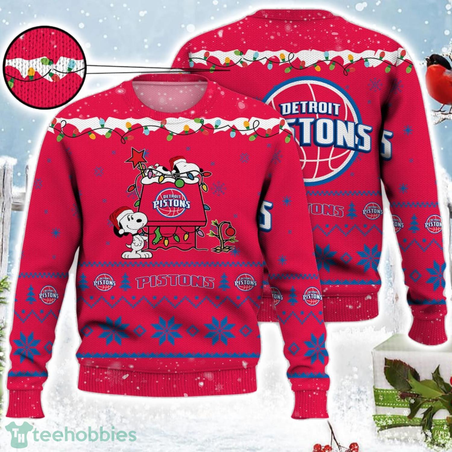 Detroit Pistons Snoopy Christmas Light Woodstock Snoopy Ugly Christmas Sweater Product Photo 1