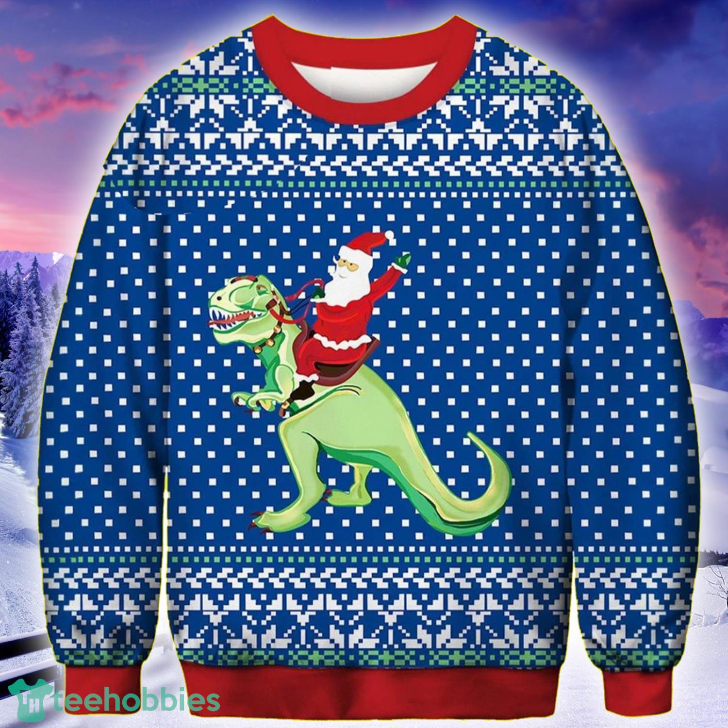 Dinosaur Santa Claus Riding A Dinosaur Knitting Pattern Christmas Ugly Sweater Product Photo 1