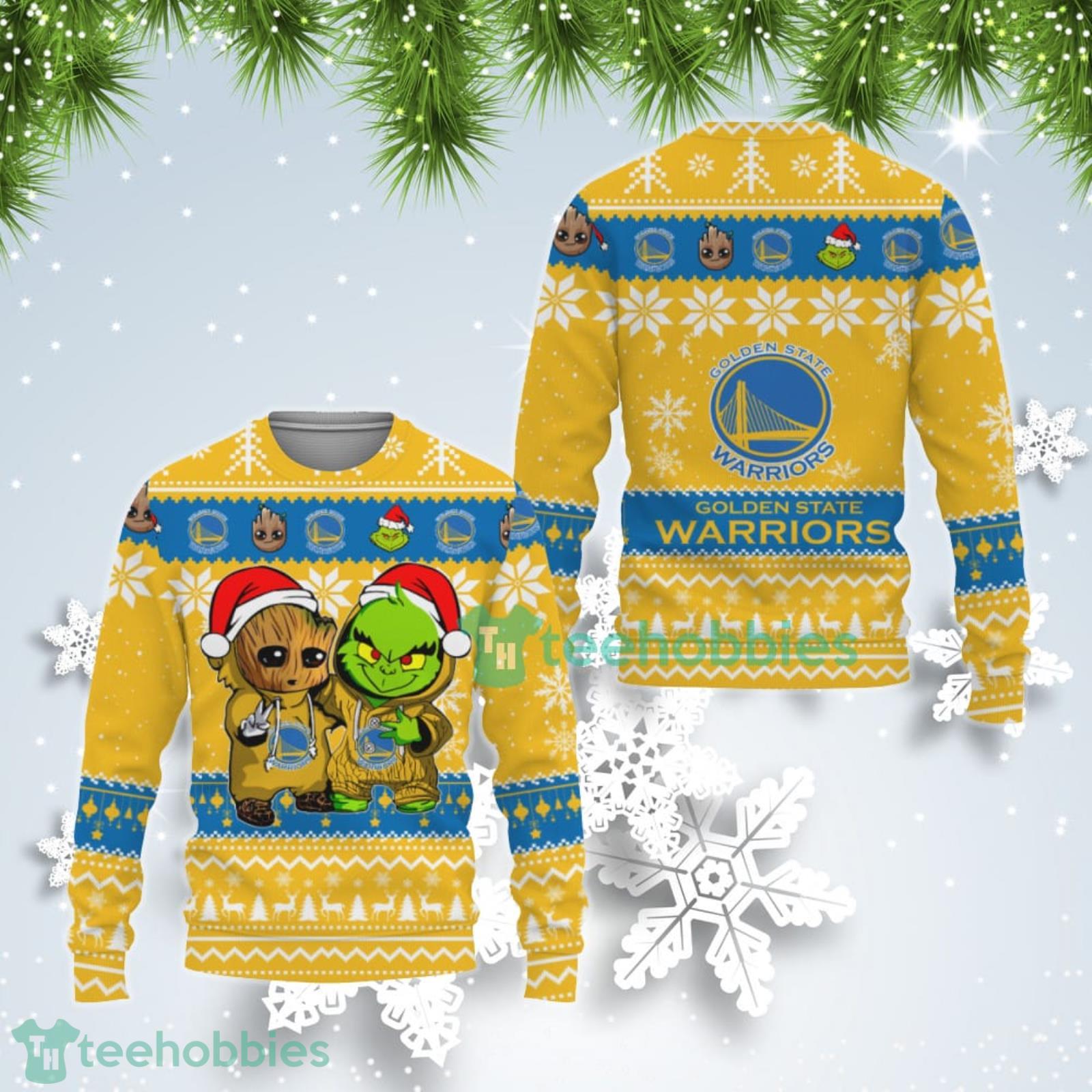 Golden State Warriors Baby Groot And Grinch Best Friends Ugly Christmas Sweater Product Photo 1