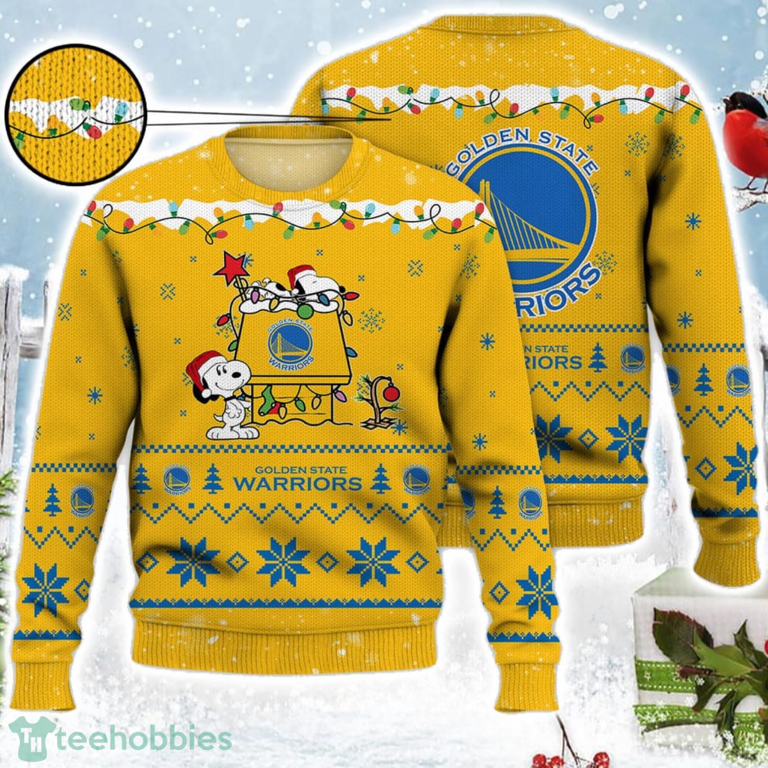 Golden State Warriors Snoopy Christmas Light Woodstock Snoopy Ugly Christmas Sweater Product Photo 1