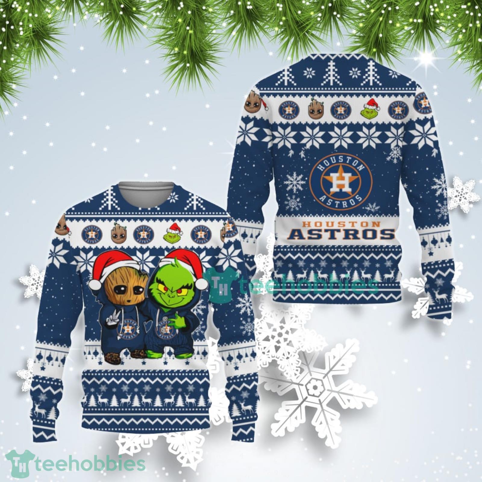 Houston Astros Baby Groot And Grinch Best Friends Ugly Christmas Sweater Product Photo 1