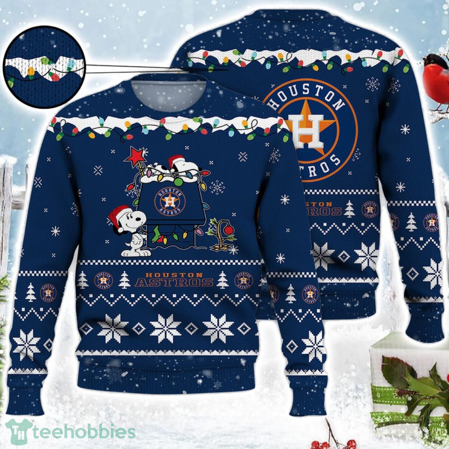 Houston Astros Snoopy Christmas Light Woodstock Snoopy Ugly Christmas Sweater Product Photo 1