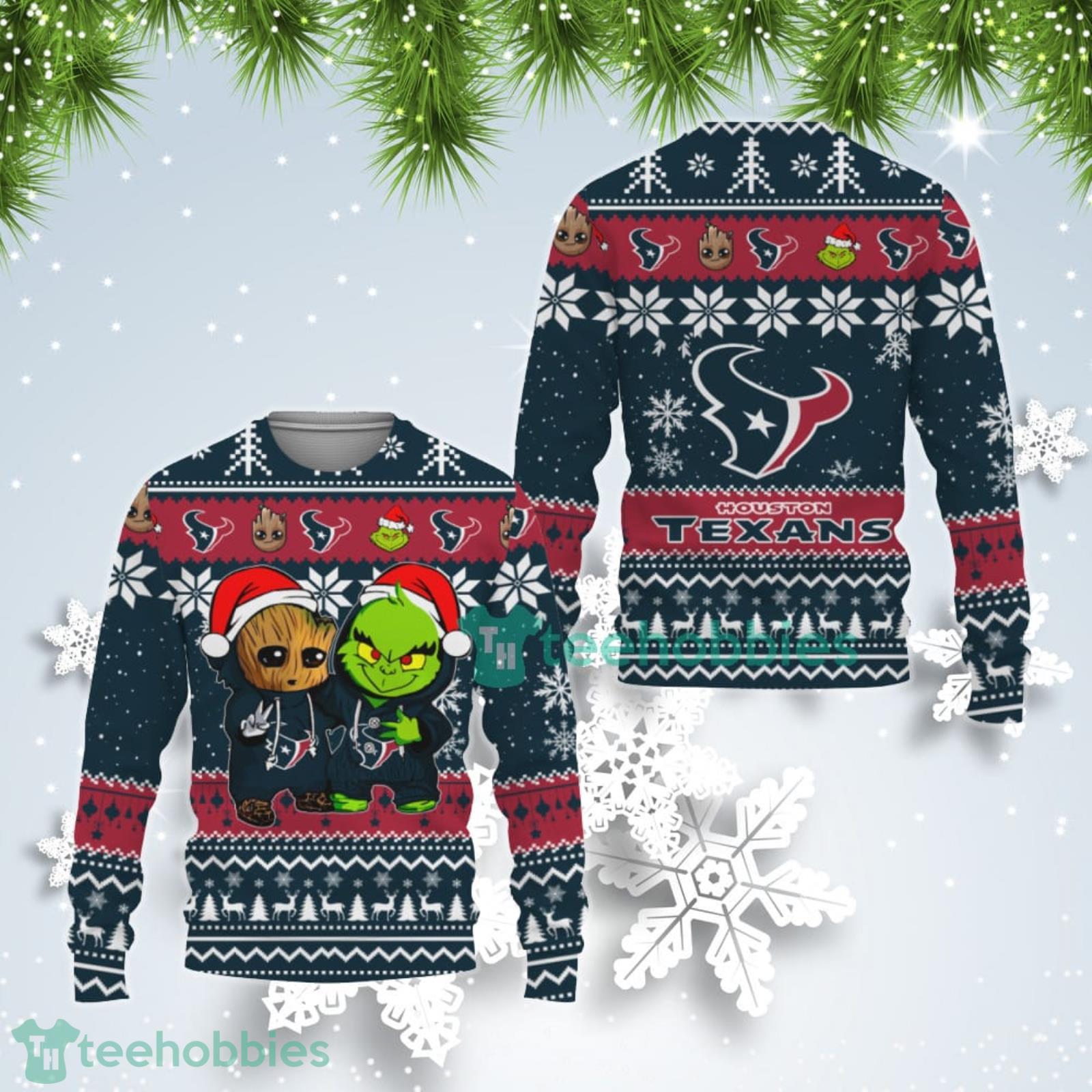 Houston Texans Baby Groot And Grinch Best Friends Ugly Christmas Sweater Product Photo 1