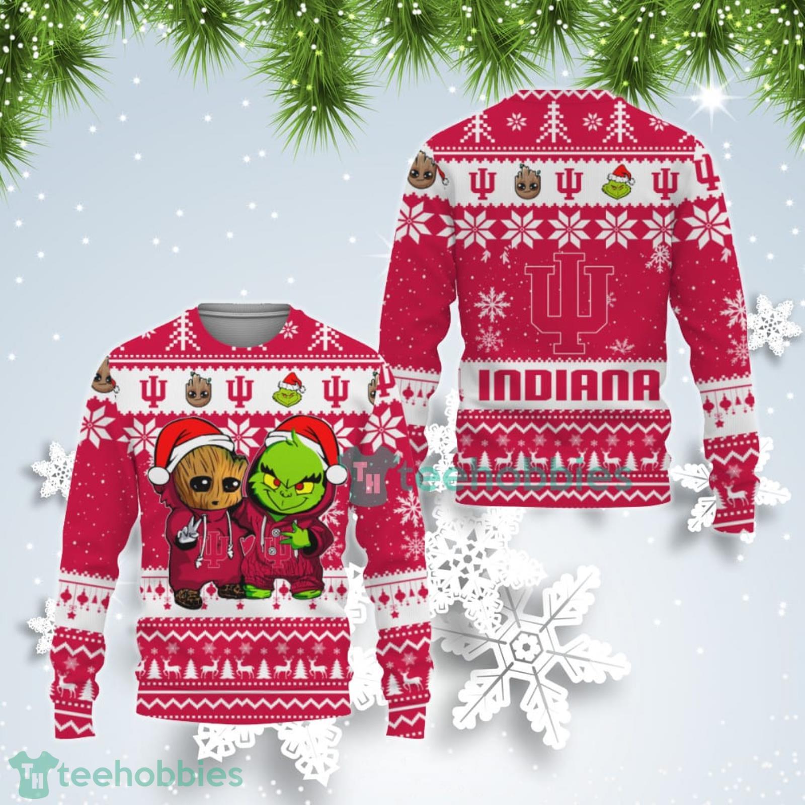 Indiana Hoosiers Baby Groot And Grinch Best Friends Ugly Christmas Sweater Product Photo 1