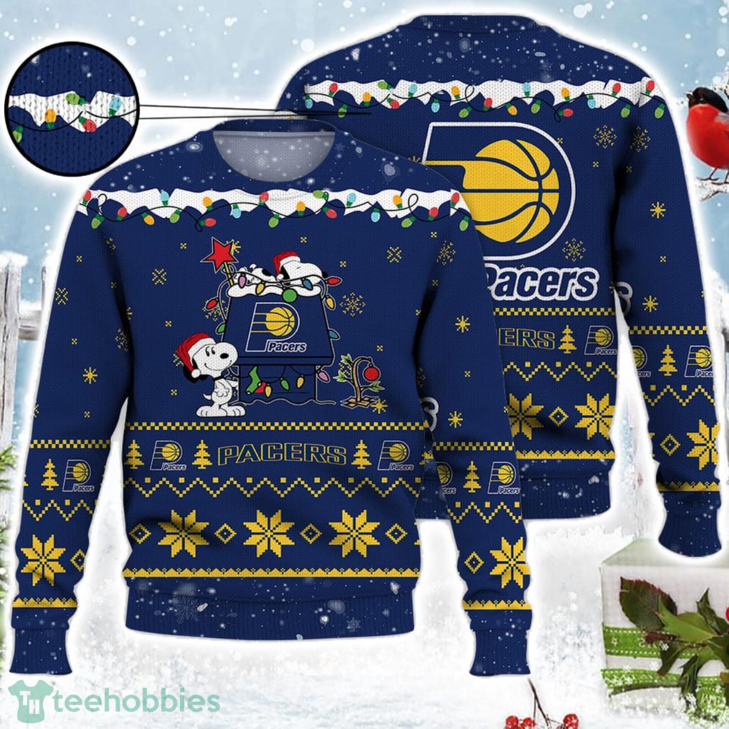 Indiana Pacers Snoopy Christmas Light Woodstock Snoopy Ugly Christmas Sweater Product Photo 1