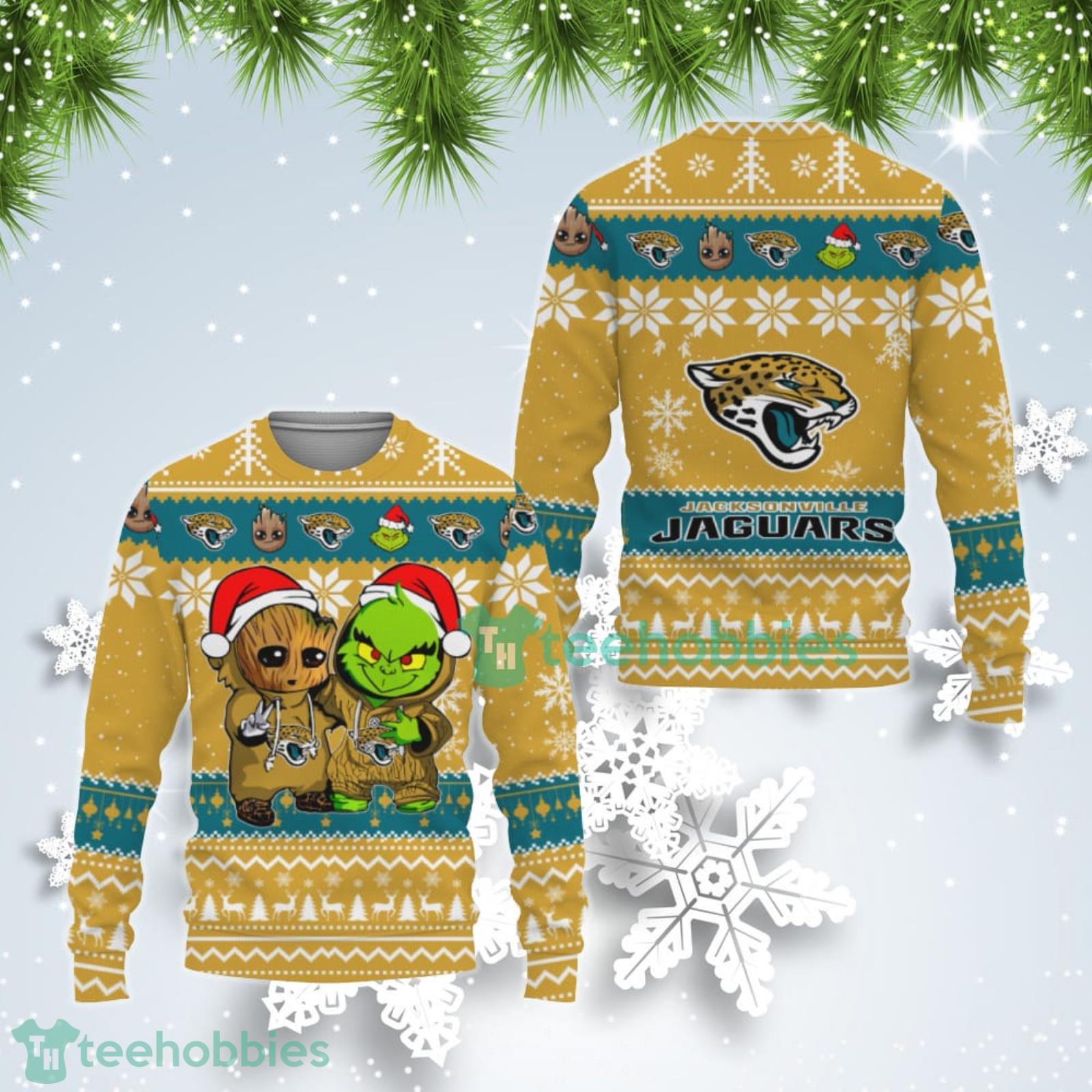 Jacksonville Jaguars Baby Groot And Grinch Best Friends Ugly Christmas Sweater Product Photo 1