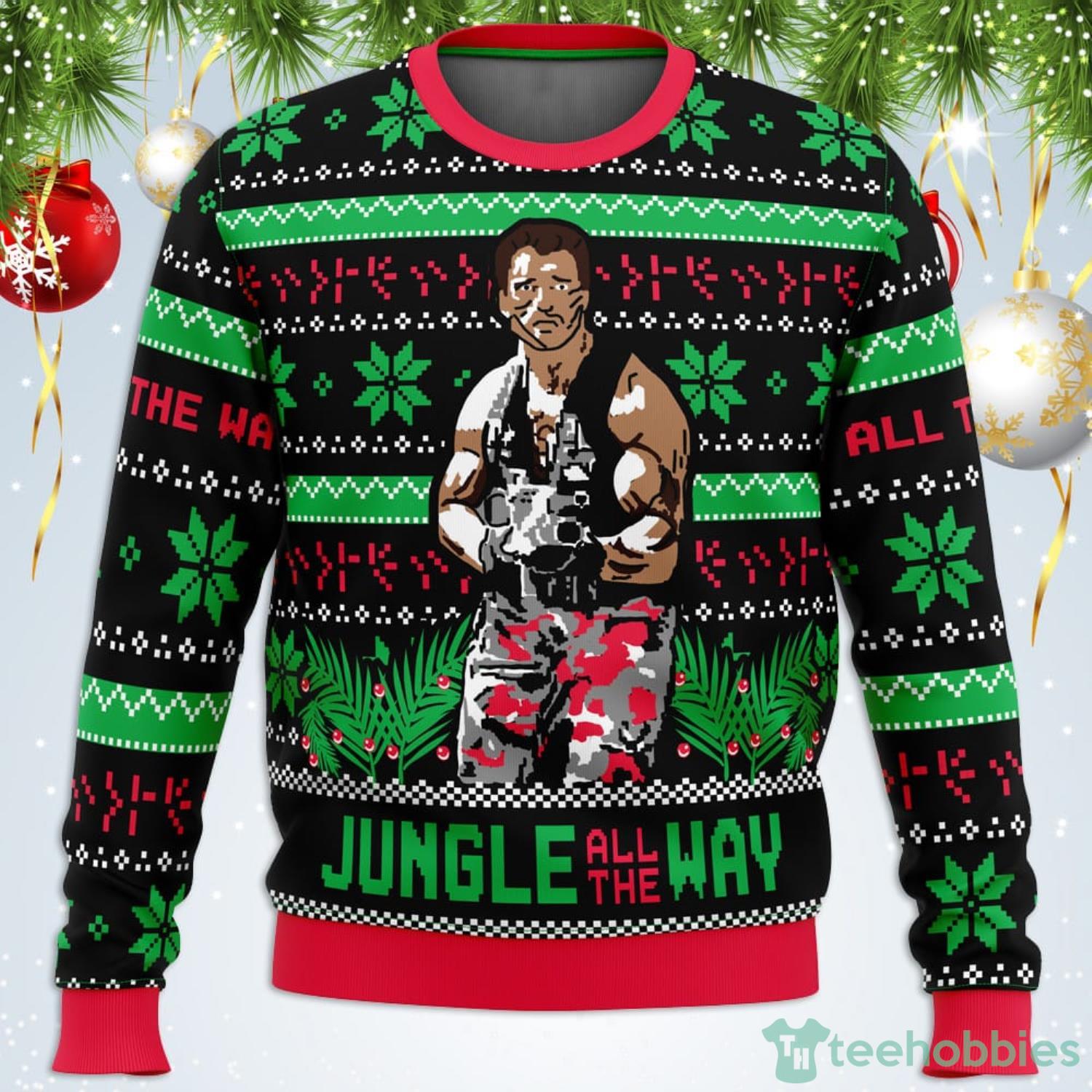 Jungle All The Way Arnold Schwarzenegger Ugly Christmas Sweater For Men And Women Product Photo 1 Jungle All The Way Arnold Schwarzenegger Ugly Christmas Sweater For Men And Women Product Photo 1