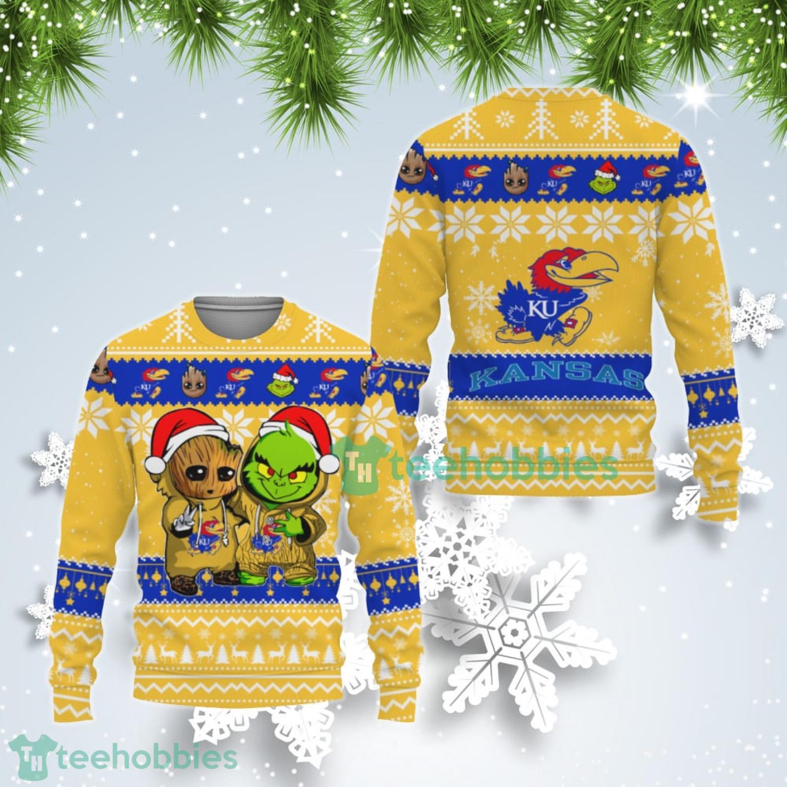 Kansas Jayhawks Baby Groot And Grinch Best Friends Ugly Christmas Sweater Product Photo 1