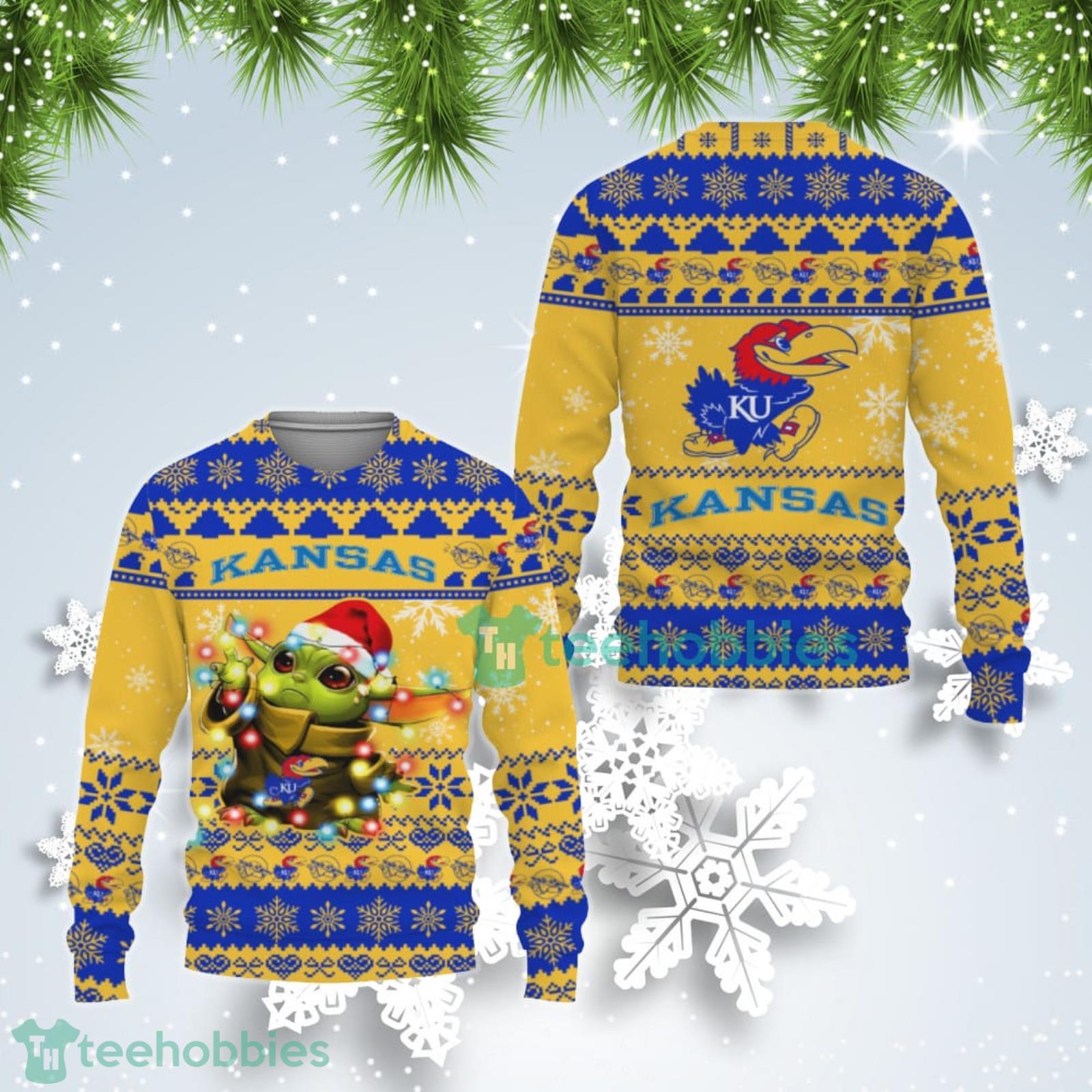 Kansas Jayhawks Cute Baby Yoda Star Wars Ugly Christmas Sweater Product Photo 1