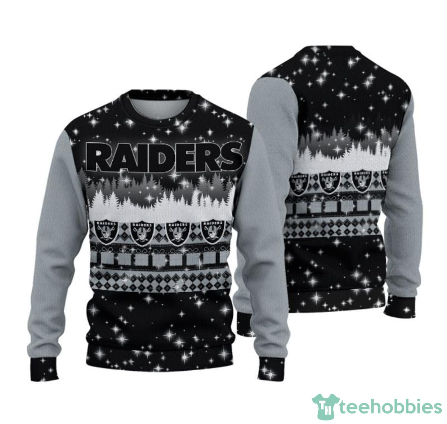 Las Vegas Raiders Christmas Forrest Pattern Ugly Christmas Sweater Product Photo 1