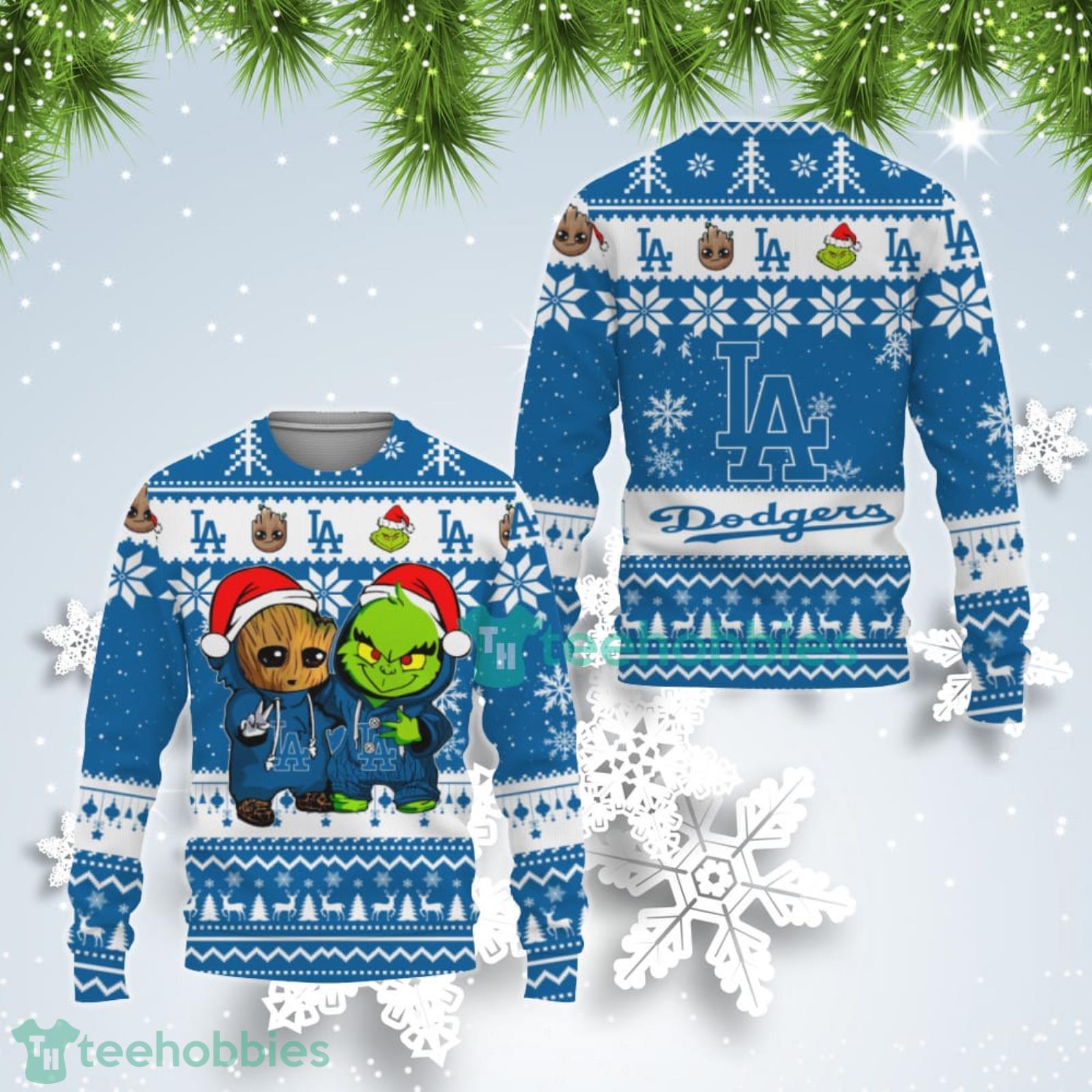 Los Angeles Dodgers Baby Groot And Grinch Best Friends Ugly Christmas Sweater Product Photo 1
