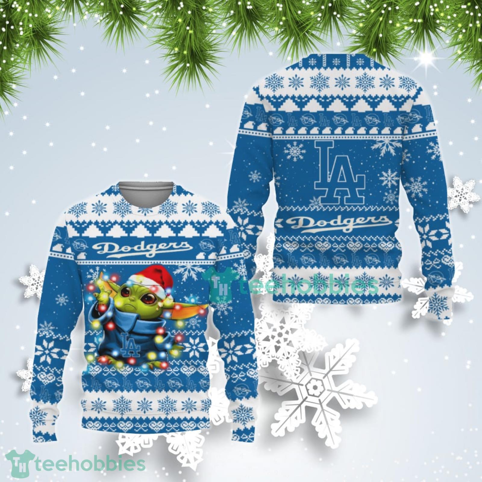 Los Angeles Dodgers Cute Baby Yoda Star Wars Ugly Christmas Sweater Product Photo 1