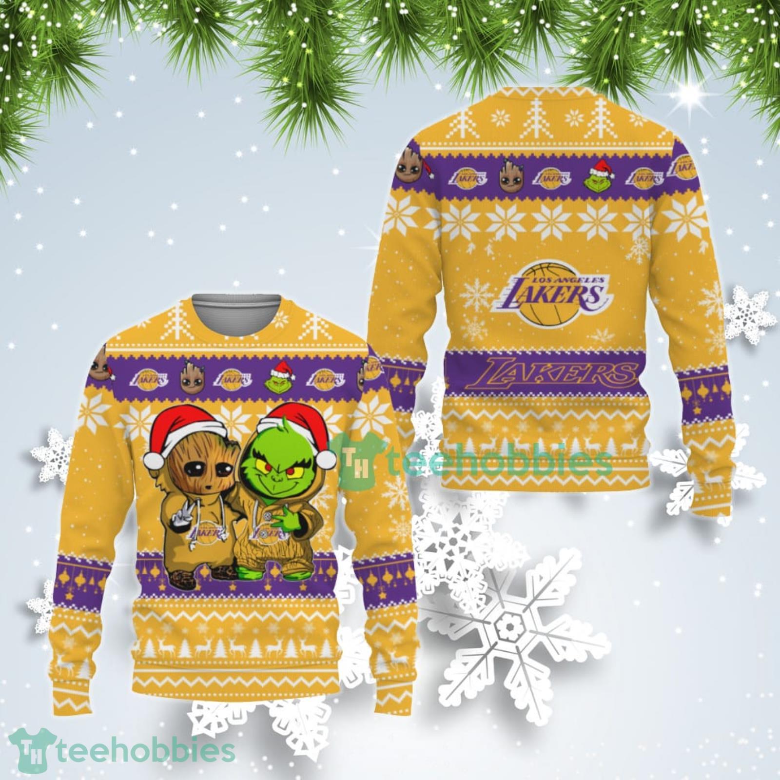 Los Angeles Lakers Baby Groot And Grinch Best Friends Ugly Christmas Sweater Product Photo 1